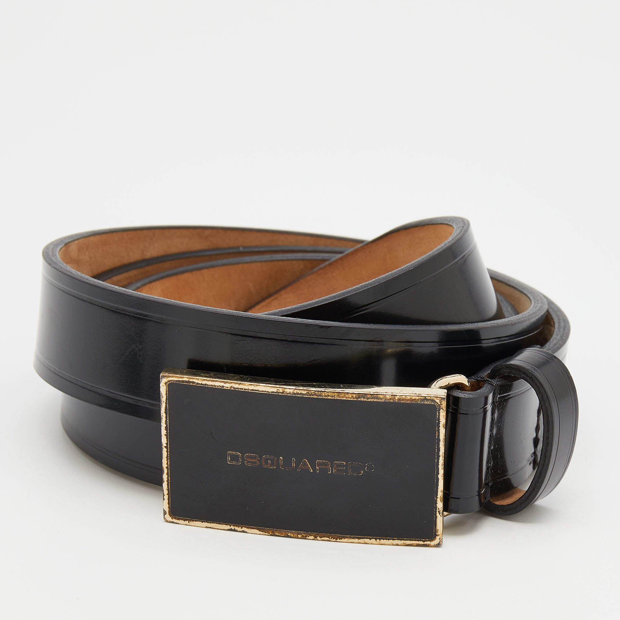 Pre Owned Dsquared2 Black Leather Logo Plaque Buckle Belt Small
