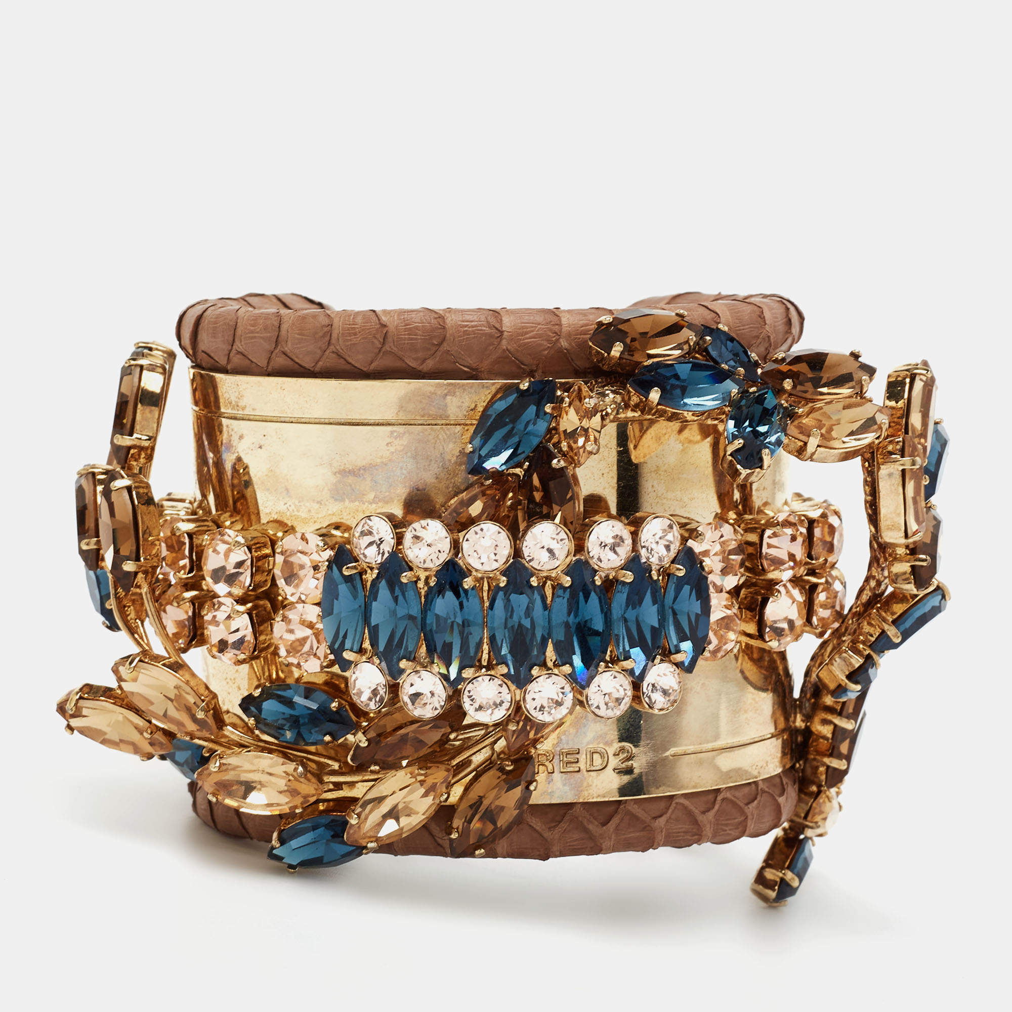 Pre Owned Dsqaured2 Brown Snakeskin Leather Gold Tone Crystal Embellished Cuff Bracelet
