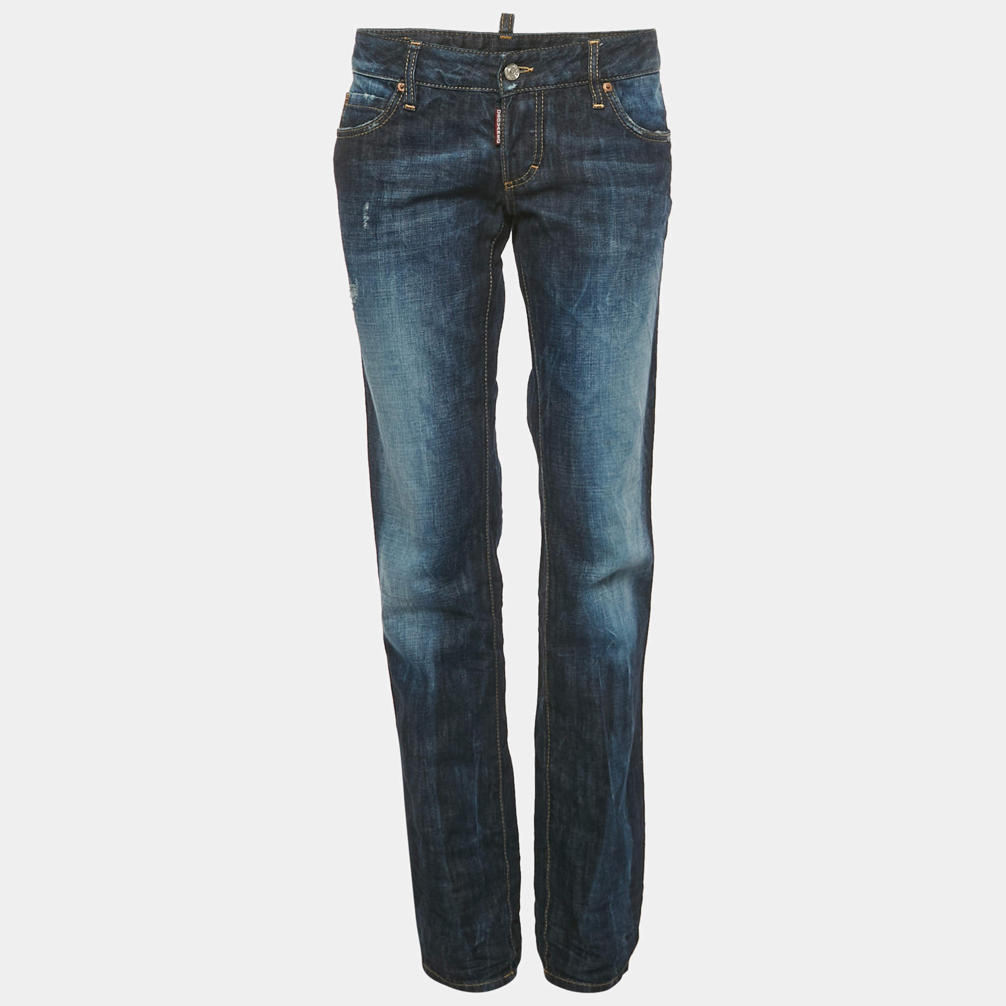 Pre Owned Dsquared2 Indigo Dark Wash Faded Effect Denim Distressed Jeans M Waist 34"