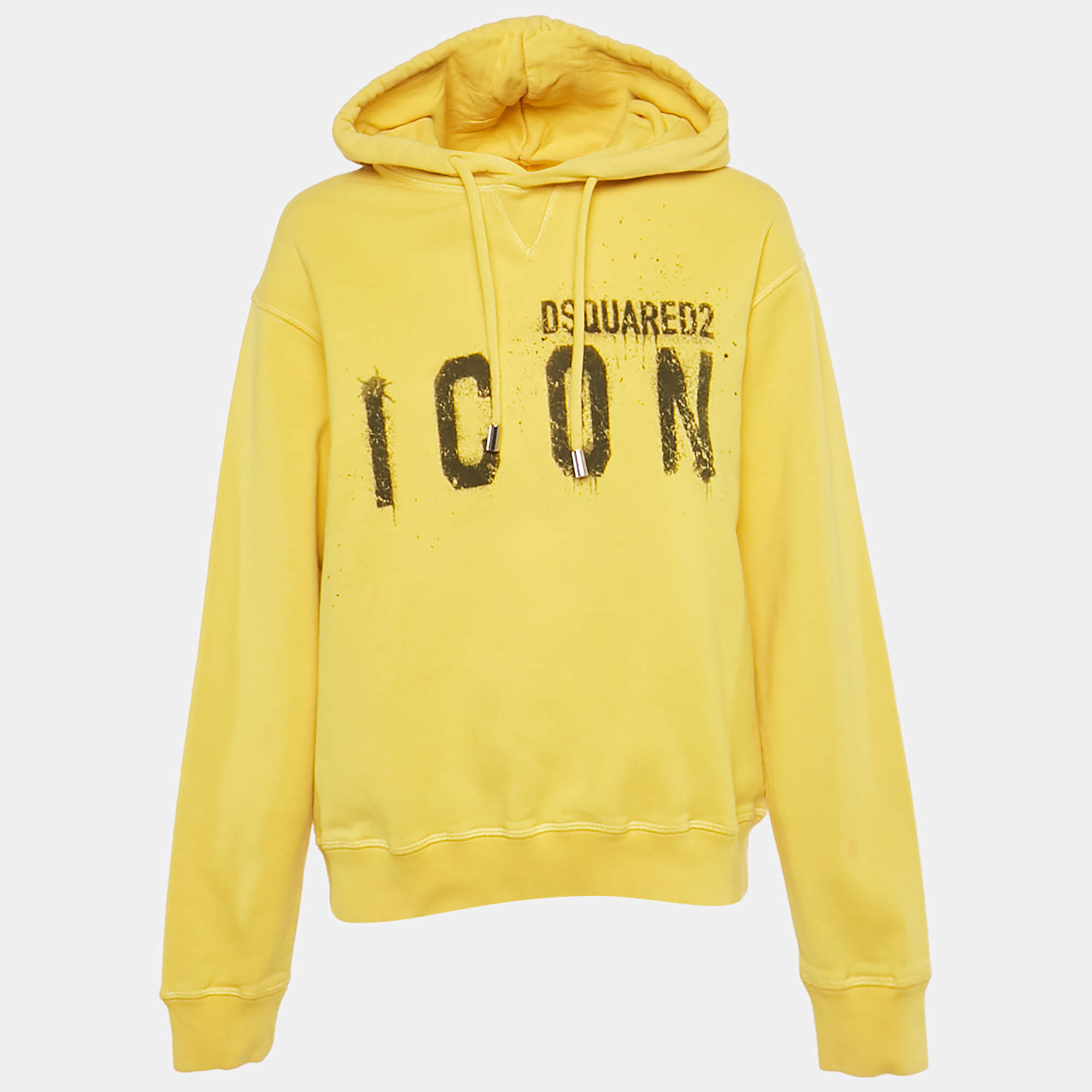 Pre Owned DSquared2 Yellow Logo Print Cotton Hooded Sweatshirt M