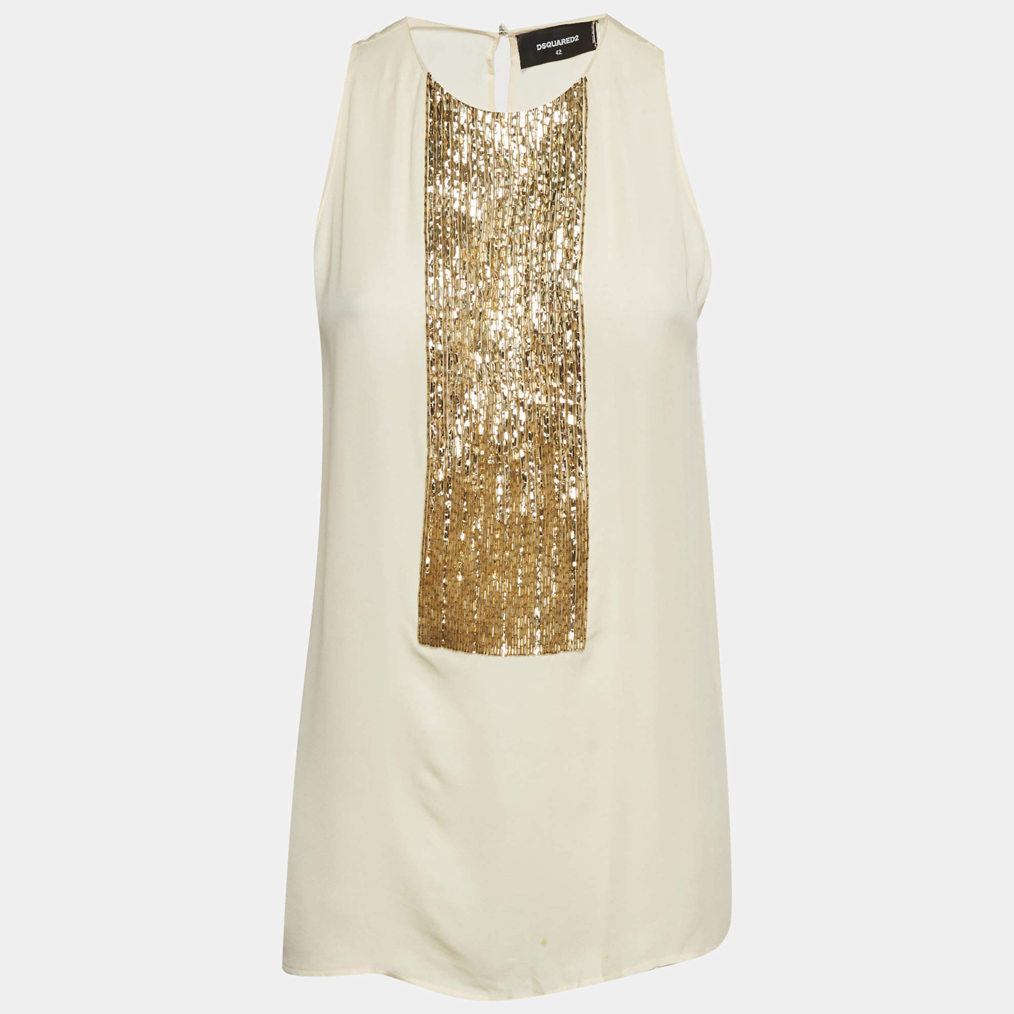 Pre Owned Dsquared2 Cream Chiffon Embellished Sleeveless Top M