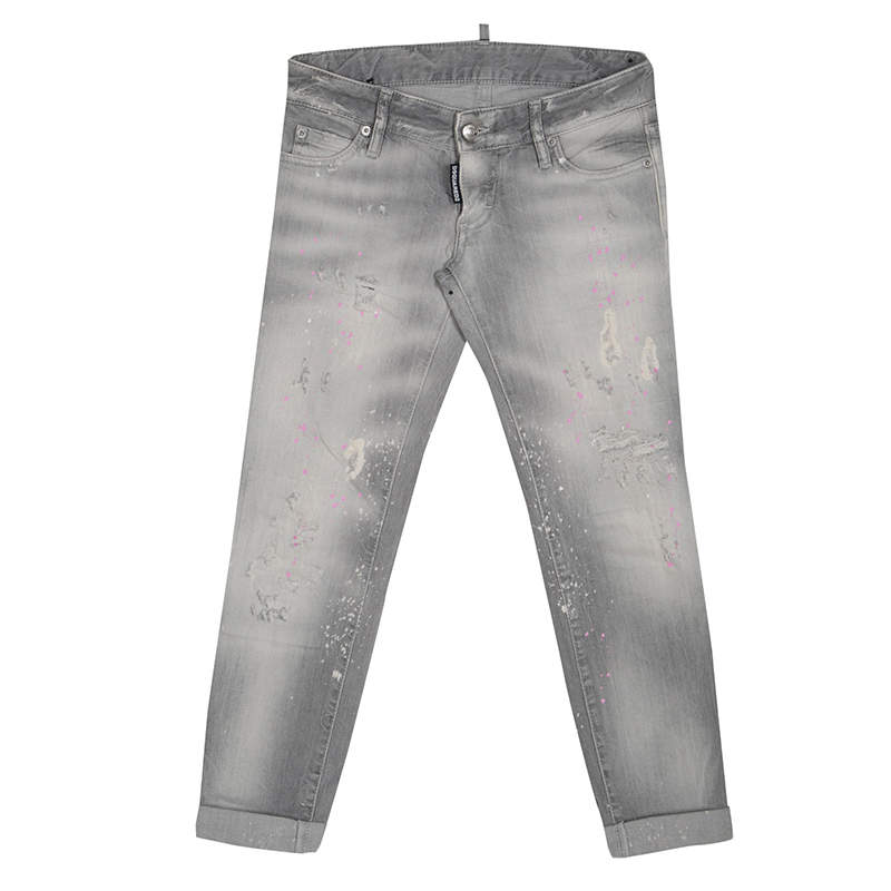 Dsquared2 Grey Faded Effect Splattered Distressed Cuffed Jeans S