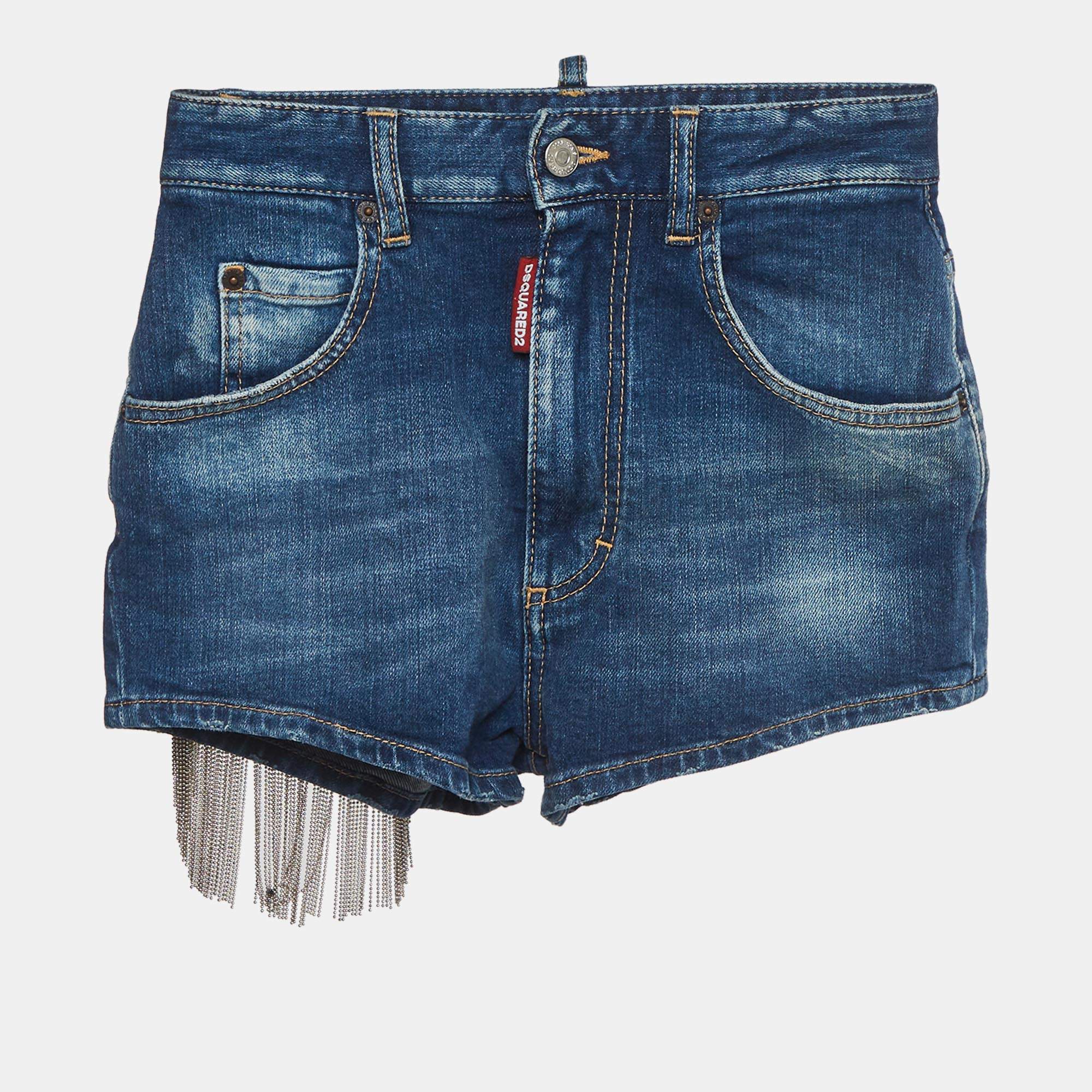 Pre Owned Dsquared2 Blue Chain Fringed Denim Shorts S