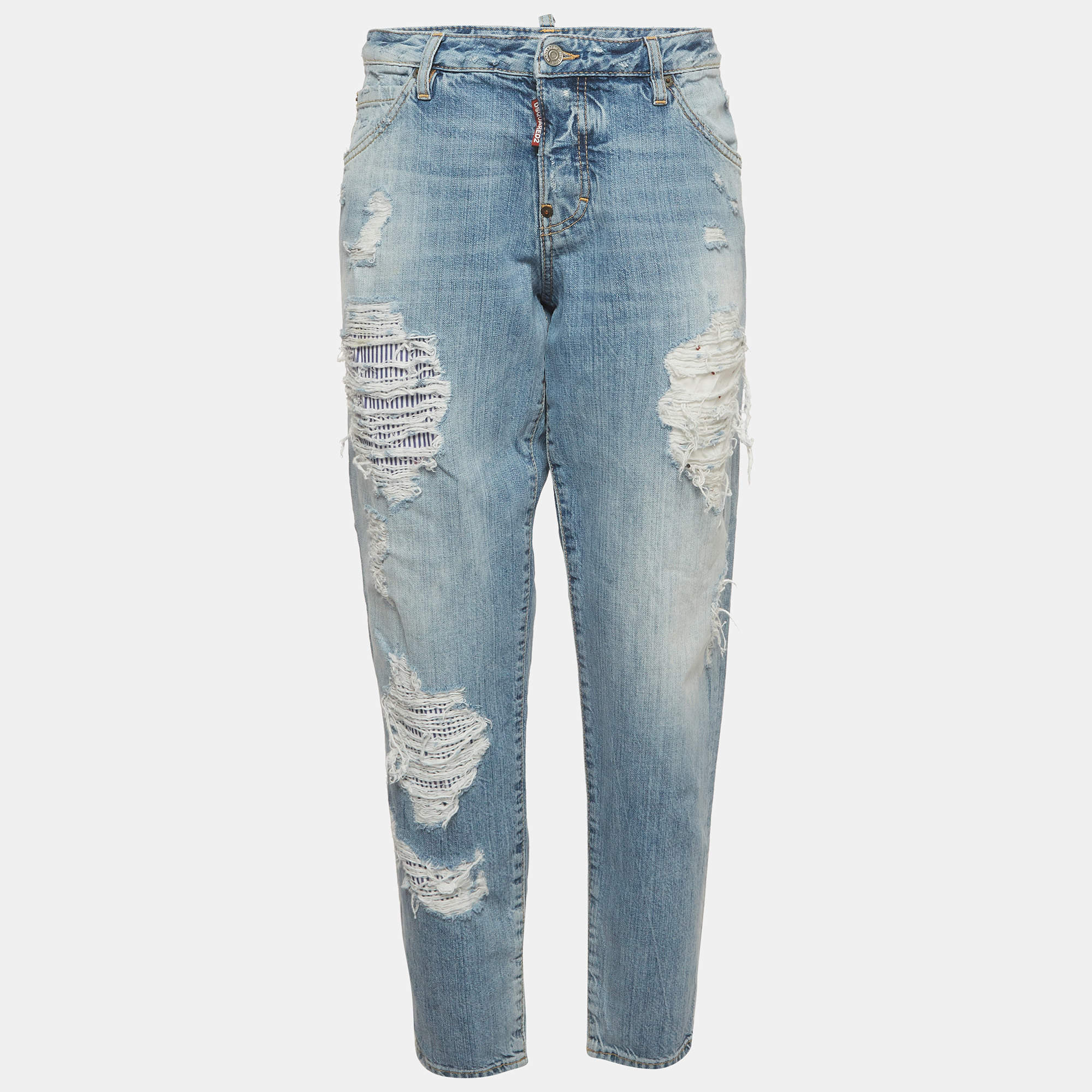 Pre Owned Dsquared2 Blue Distressed Denim Straight Fit Jeans M/Waist 34"