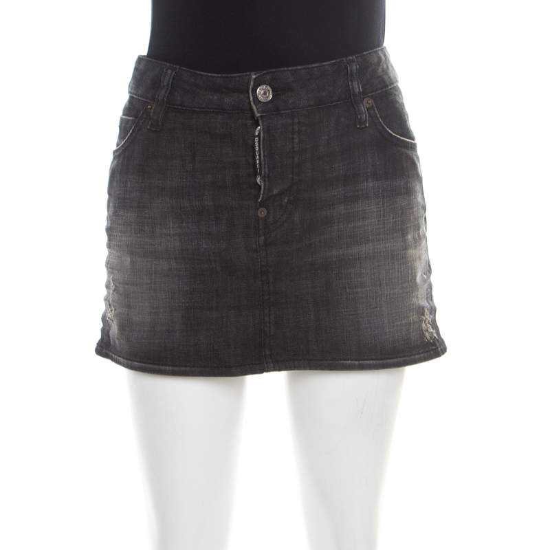 Dsquared2 Black Faded Effect Denim Distressed Mini Skirt M