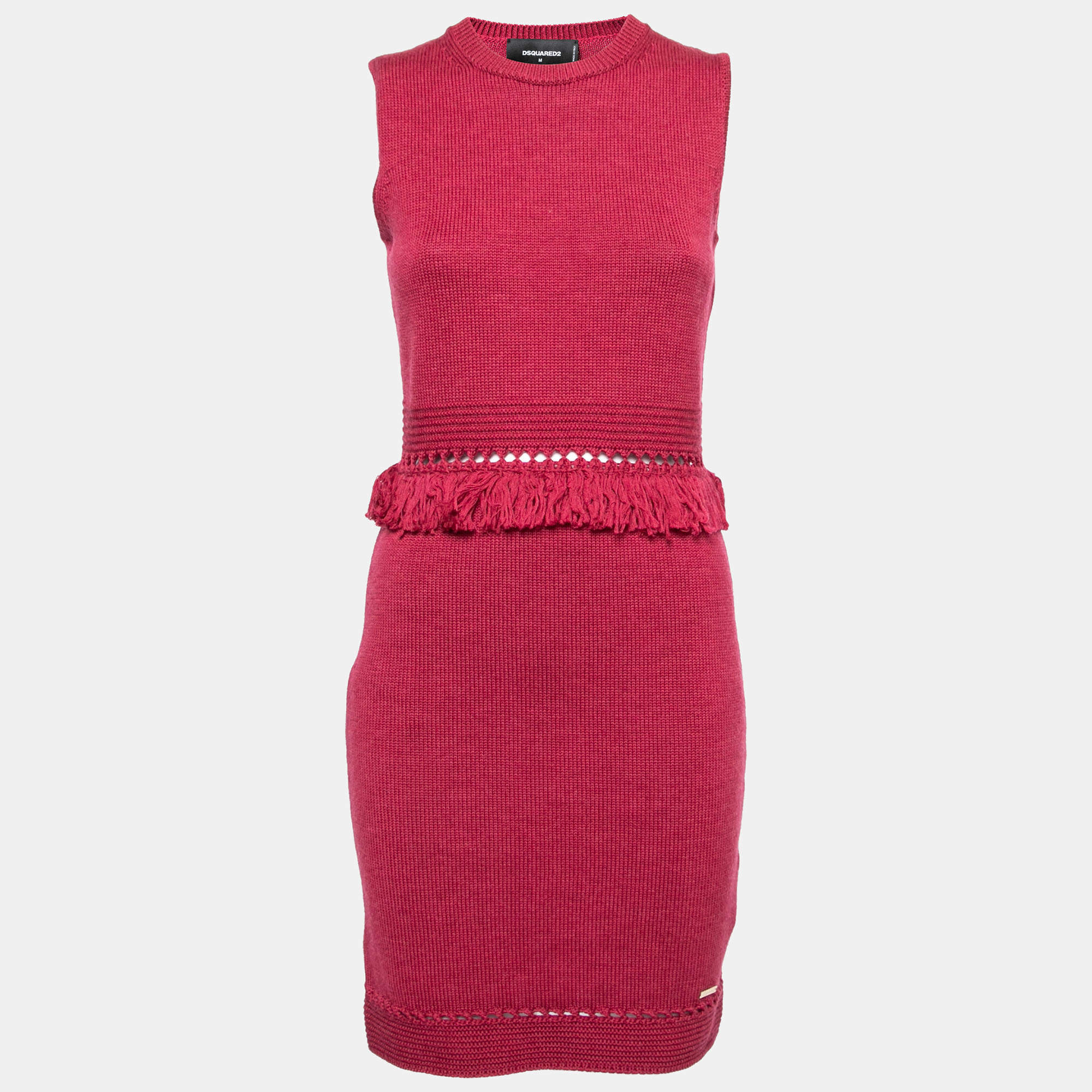 Pre Owned Dsquared2 Wine Red Ribbed Knit Sleeveless Fringed Sheath Dress M