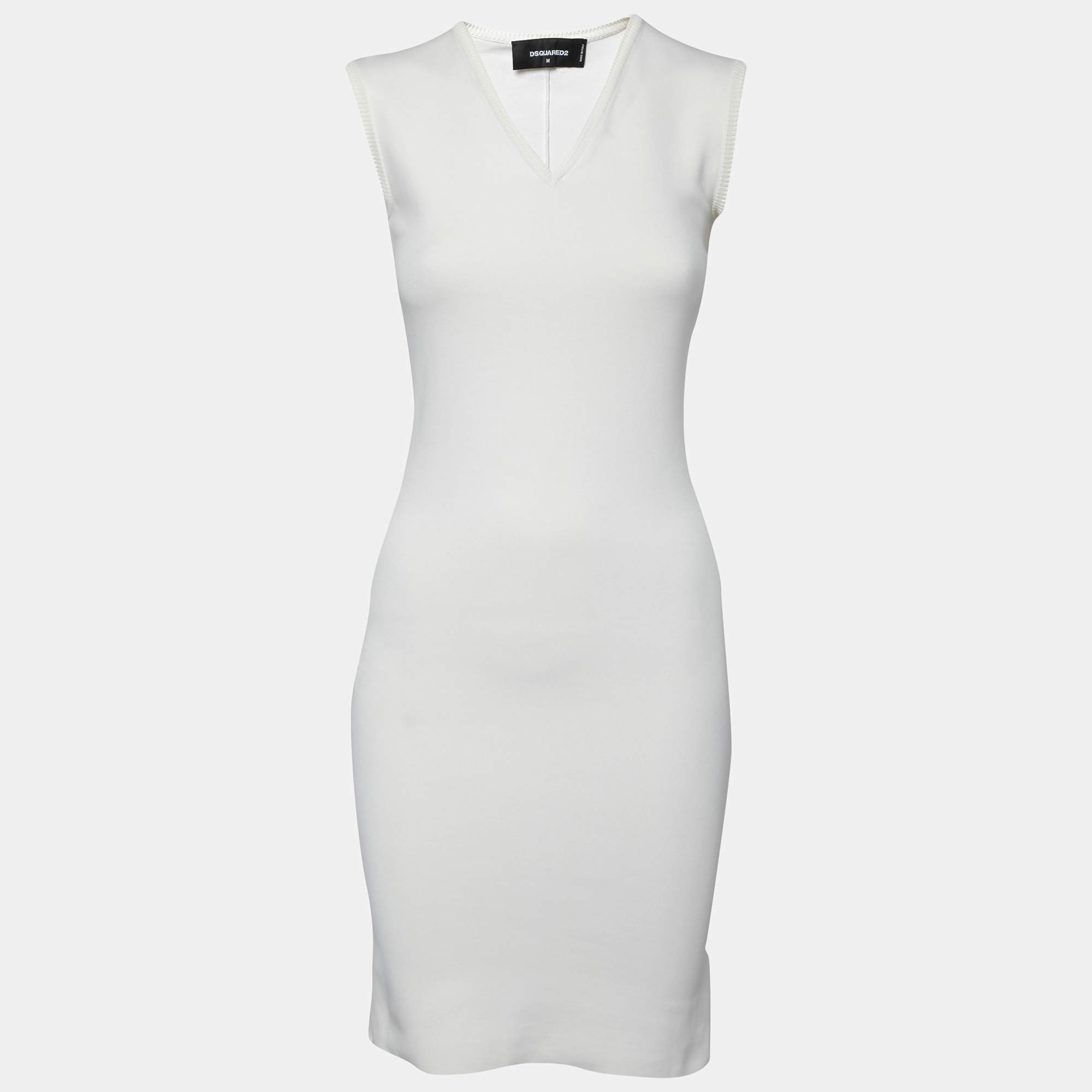 Pre Owned Dsquared2 Off White Stretch Rib Trim Sleeveless Tank Dress M