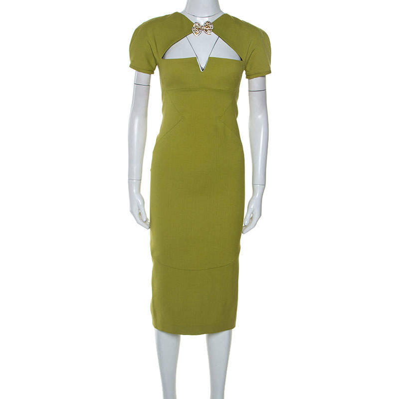 Dsquared2 Light Green Wool Brooch Neckline Detail Midi Dress S