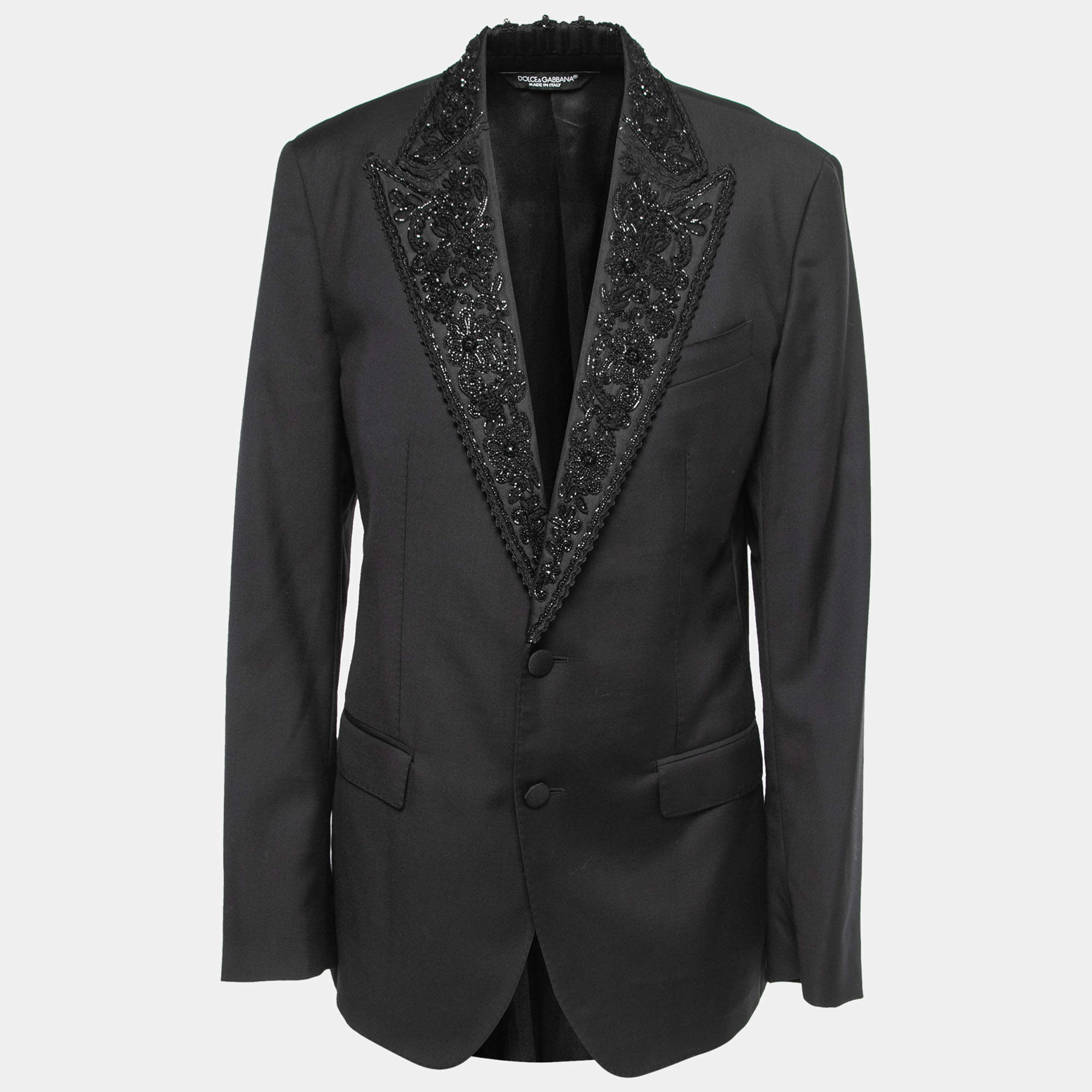 Pre Owned Dolce & Gabbana Black Applique Lapeled Silk Single Breasted Blazer L