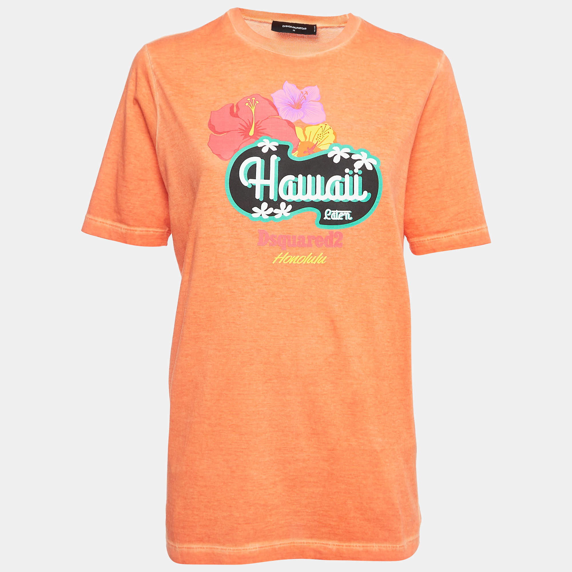 Pre Owned Dsquared2 Orange Hawaii Print Cotton Crew Neck T-Shirt M