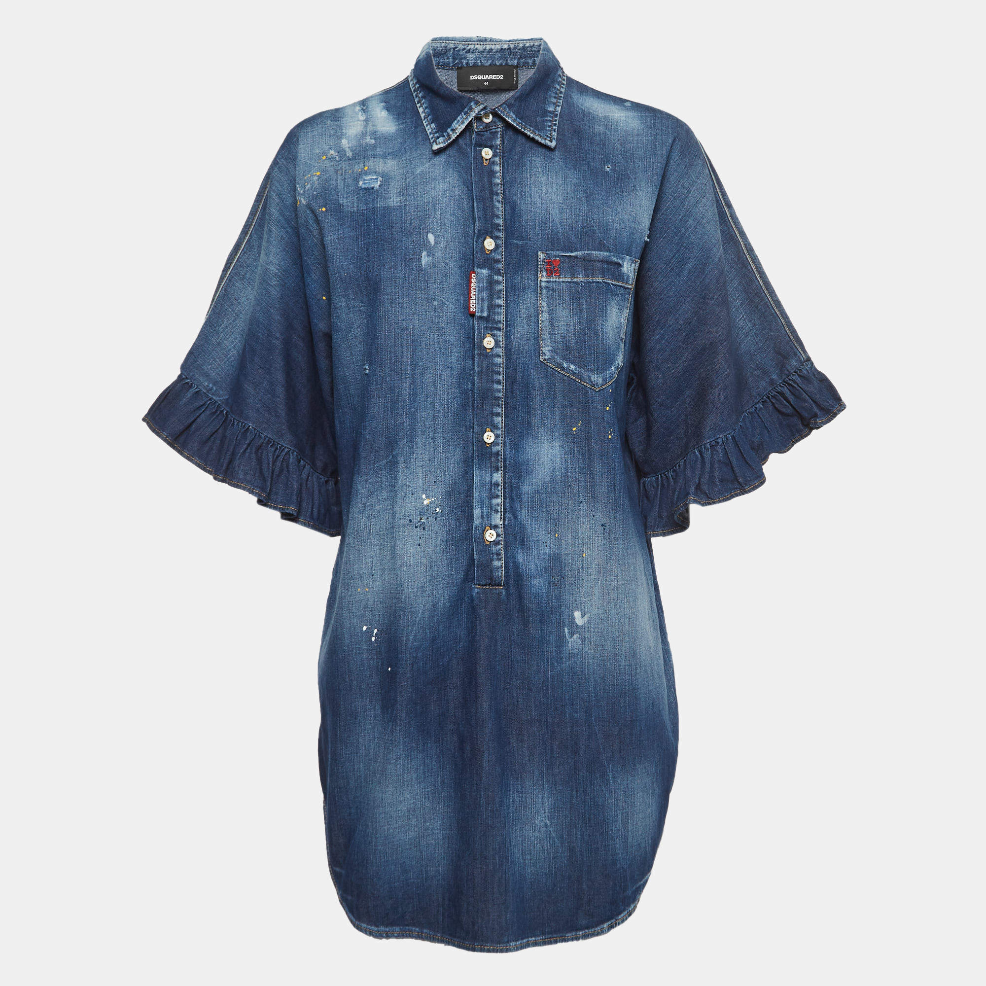 Pre Owned Dsquared2 Blue Washed Distressed Denim Frilled Sleeve Shirt M