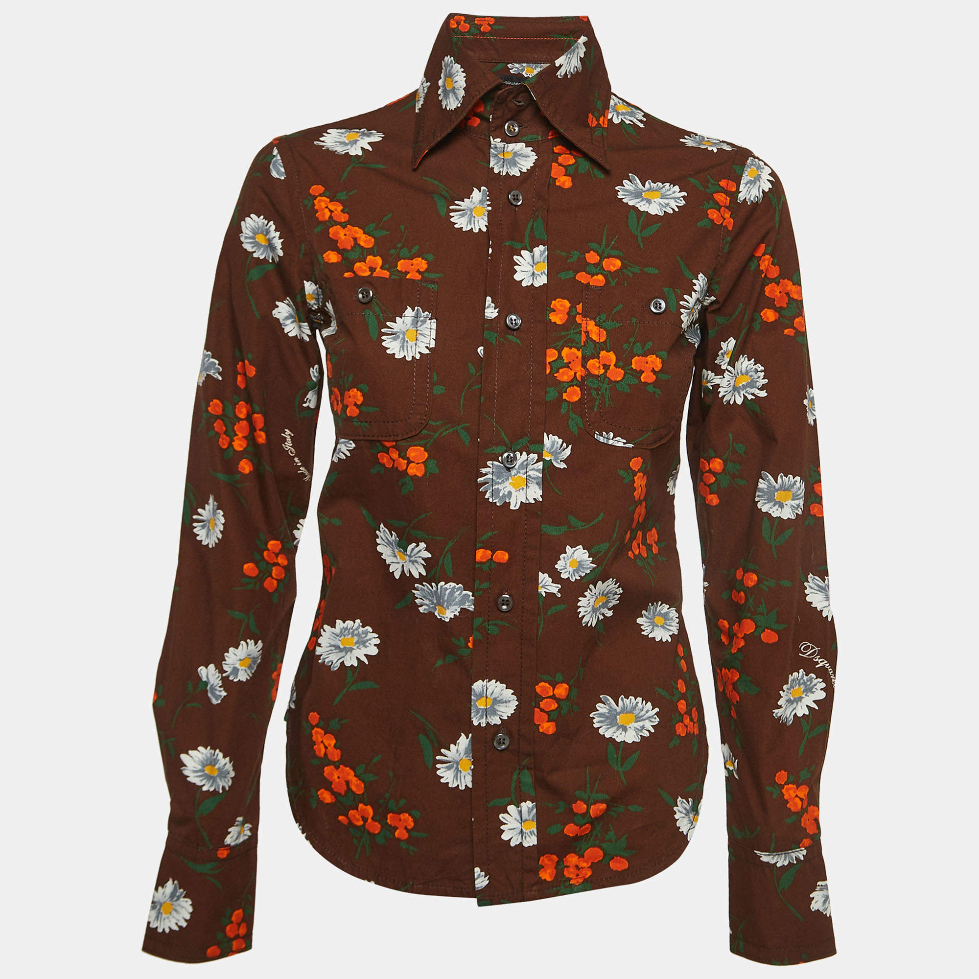 Pre Owned Dsquared2 Brown Flowers Print Cotton Full Sleeve Shirt S