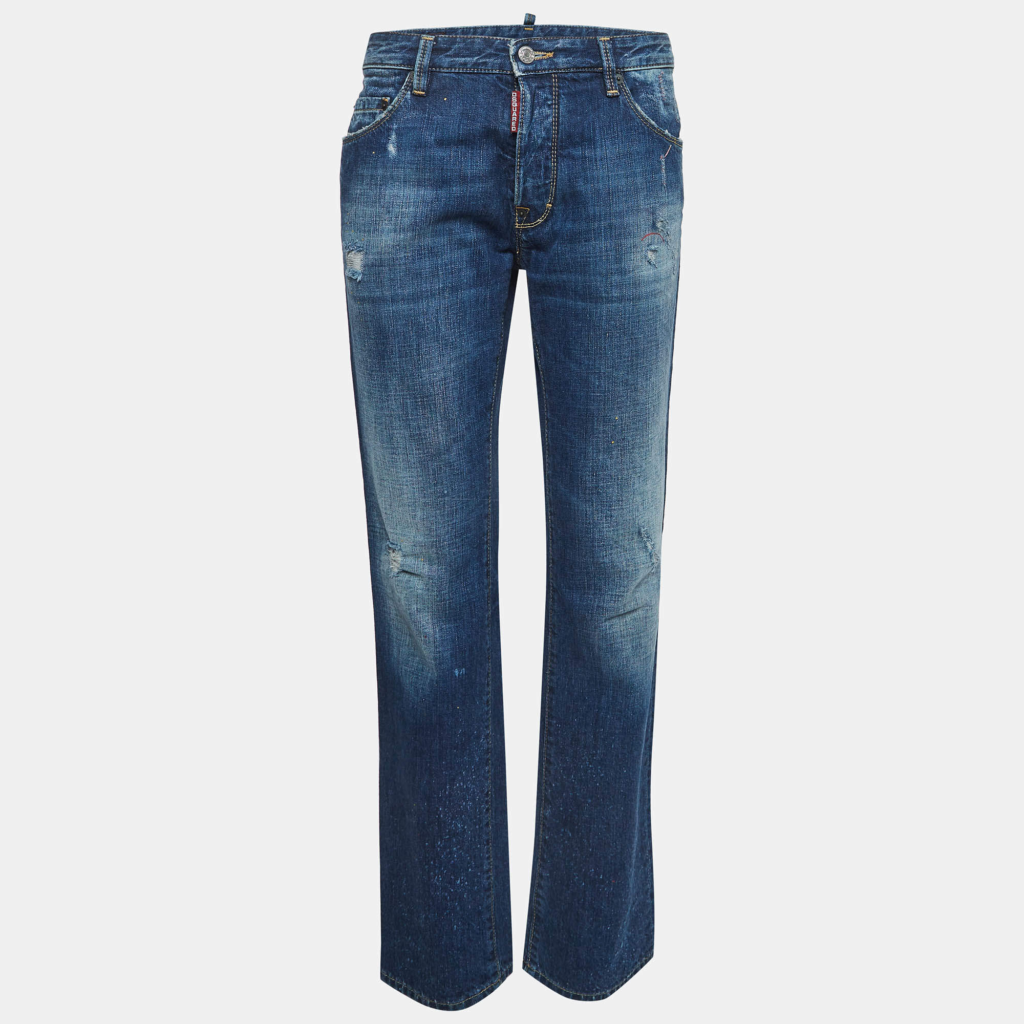Dsquared2 Navy Blue Paint Splashed Distressed Denim Buttoned Jean L Waist 34"