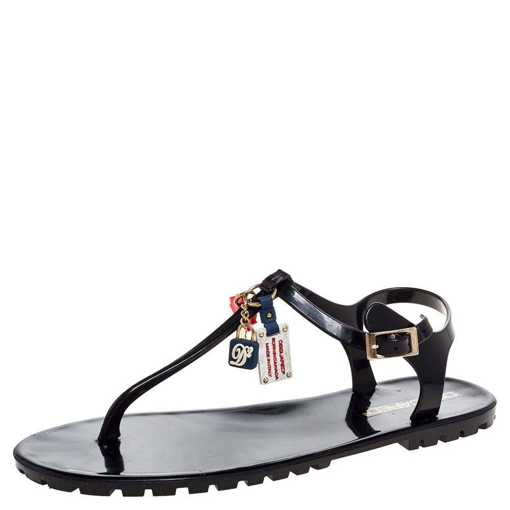 Dsquared2 Black Jelly Key Embellishment T-Strap Flats Size 41