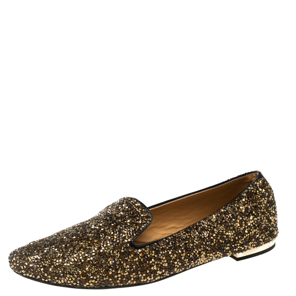 Pre Owned Dsquared2 Gold Glitter Crystal Embellished Smoking Slippers Size 41