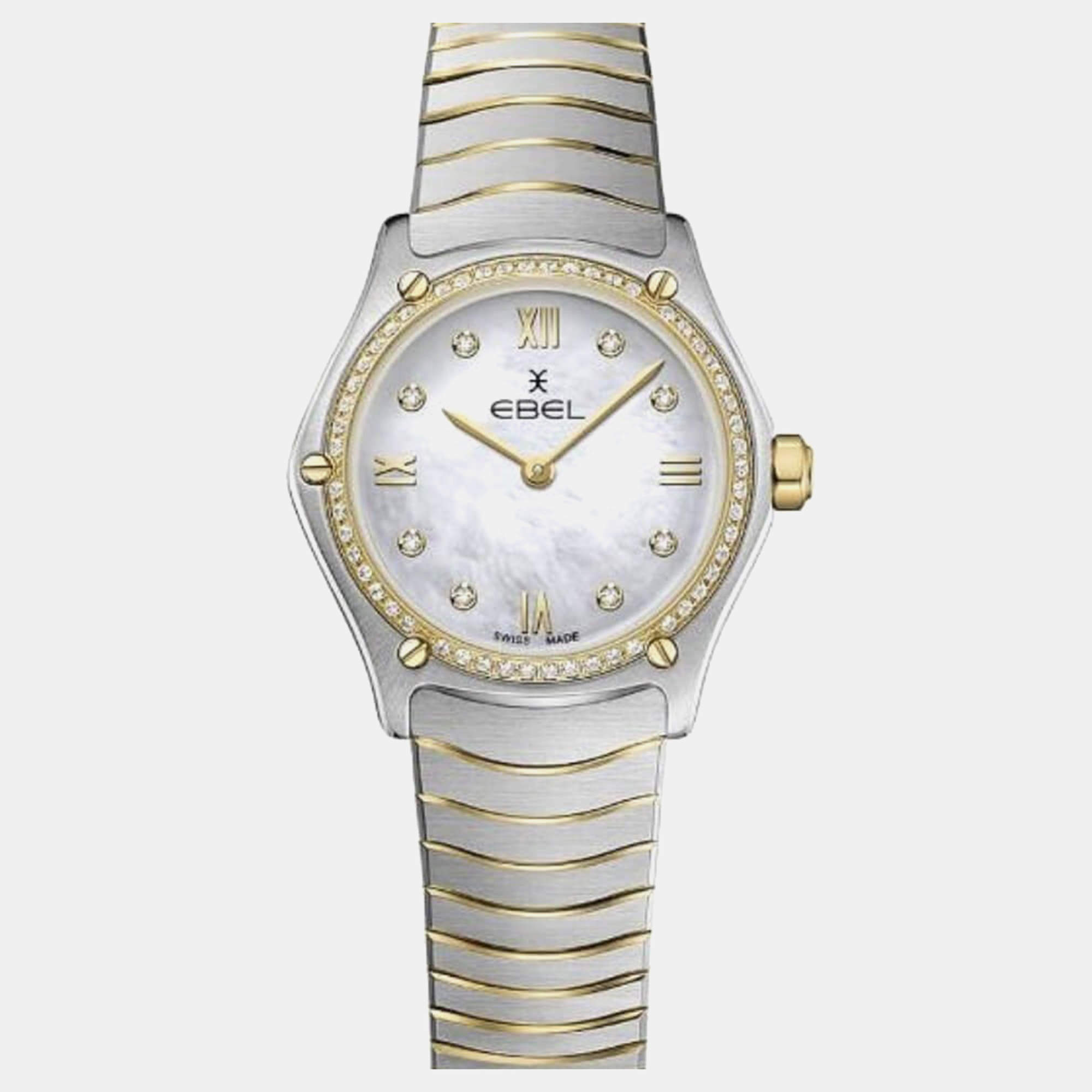 Pre Owned Ebel Silver Stainless Steel 18K Yellow Gold Classic Sport 1216412A Quartz Women's Wristwatch 24 mm