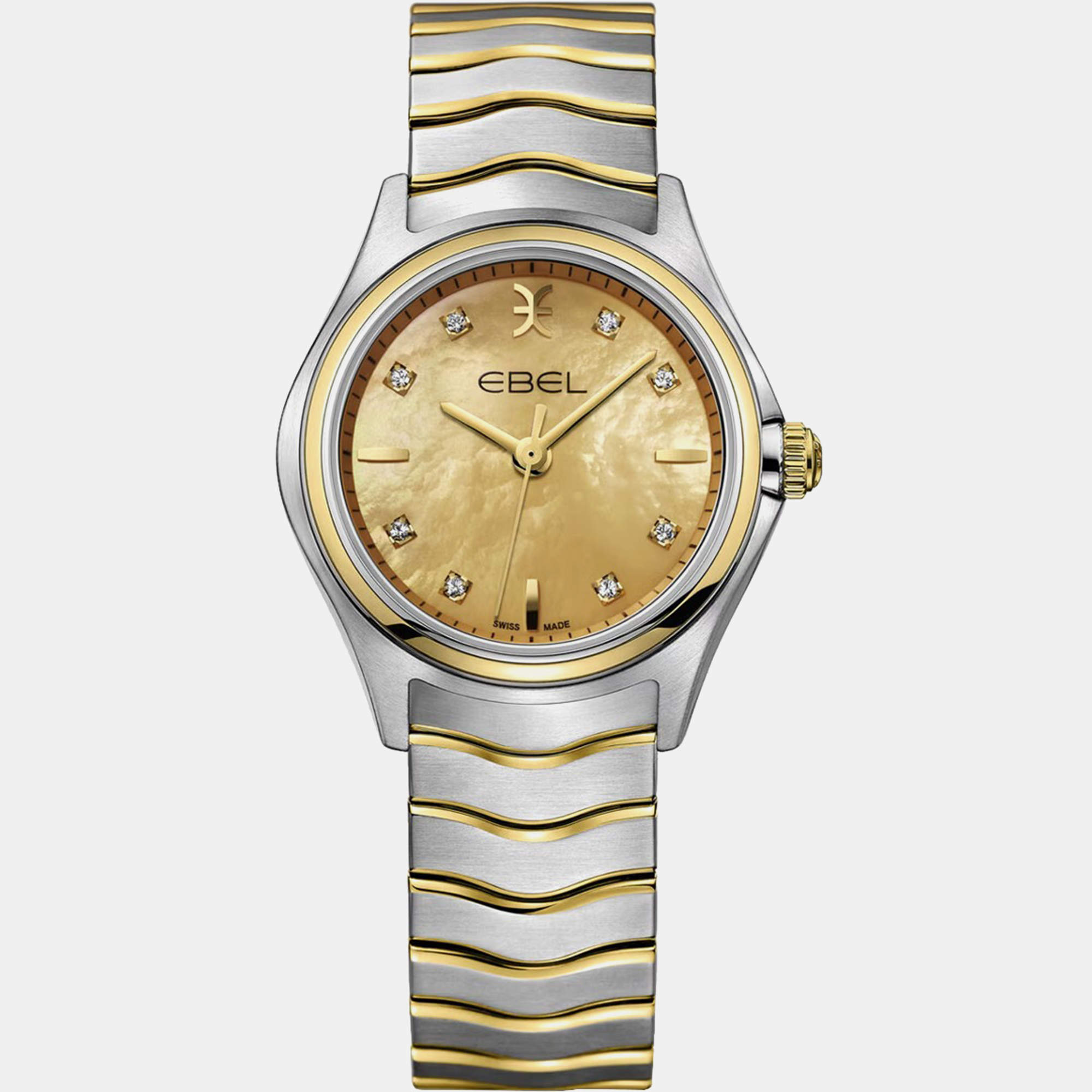 Ebel Champagne 18k Yellow Gold Stainless Steel Wave Lady 1216569 Quartz Women's Wristwatch 30 mm