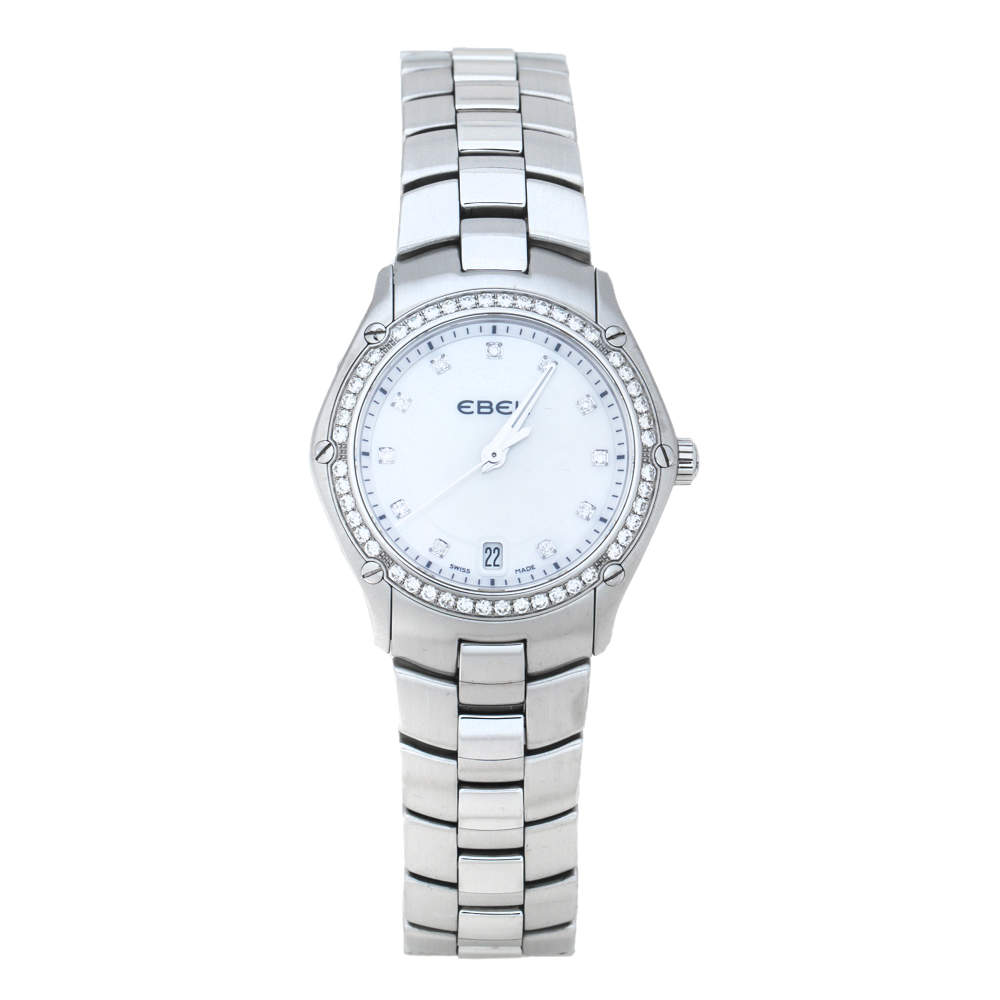 Pre Owned Ebel Mother Of Pearl Stainless Steel Diamond Classic Sport 1215983 Women's Wristwatch 27 mm