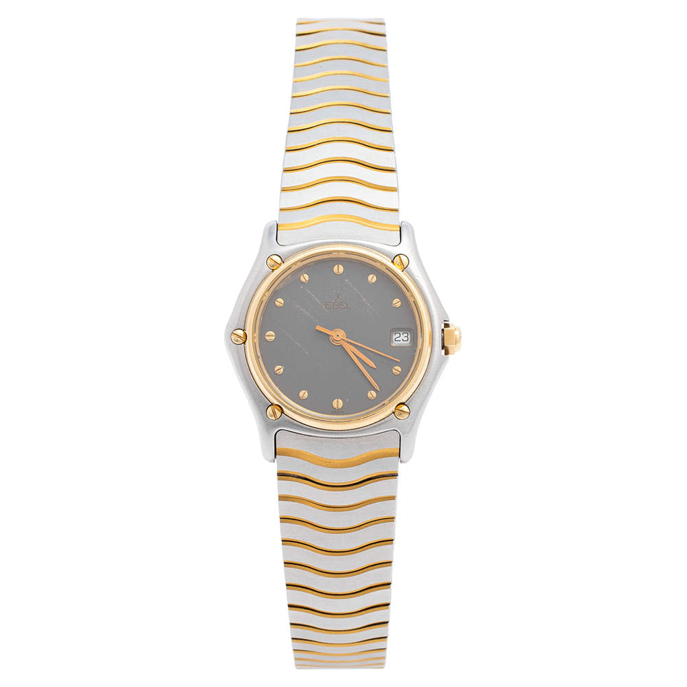 Pre Owned Ebel Grey 18k Yellow Gold Stainless Steel Sport Classique 183908 Women's Wristwatch 28 mm