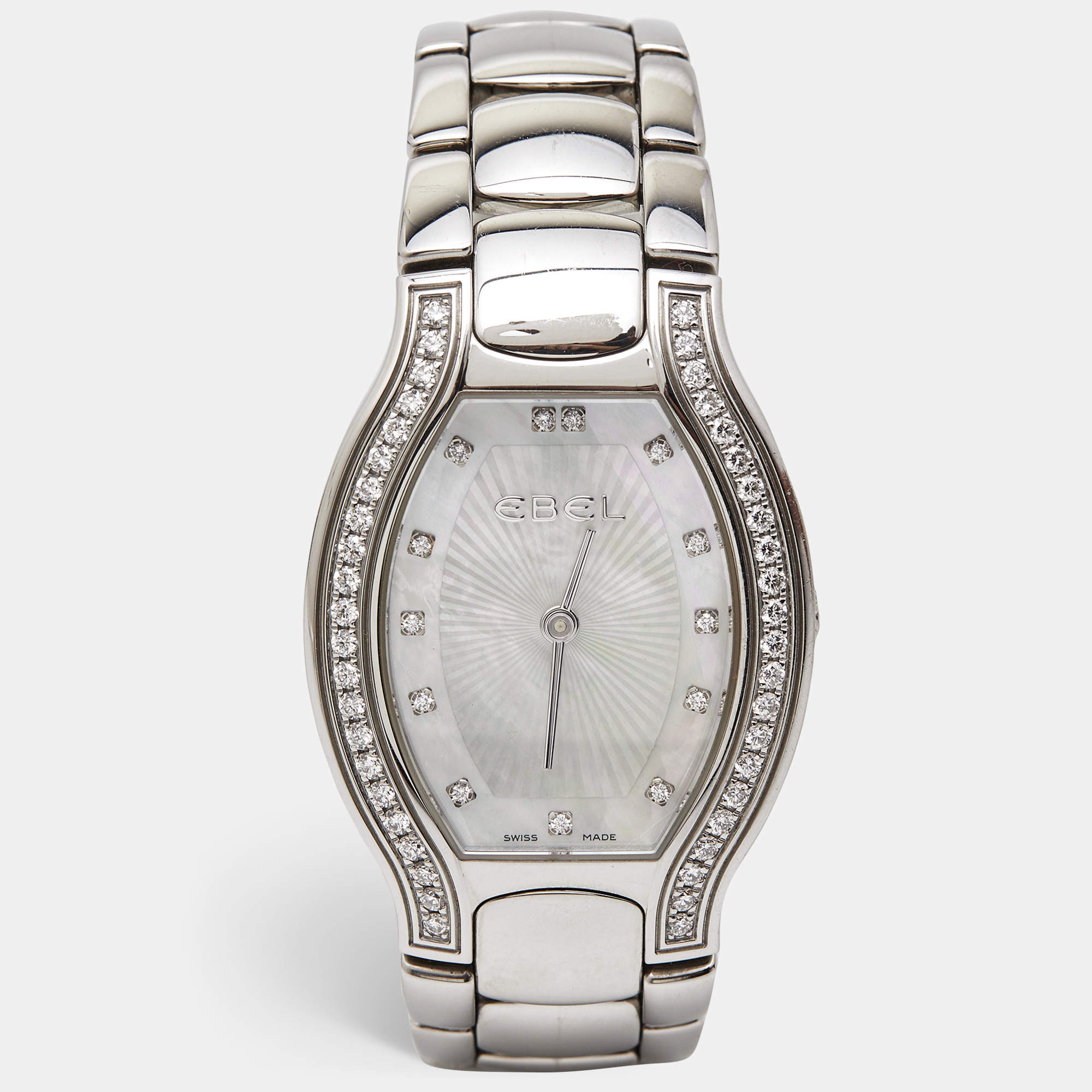 Pre Owned Ebel Mother of Pearl Diamond Stainless Steel Beluga Tonneau 9901G38 Women's Wristwatch 28 mm 