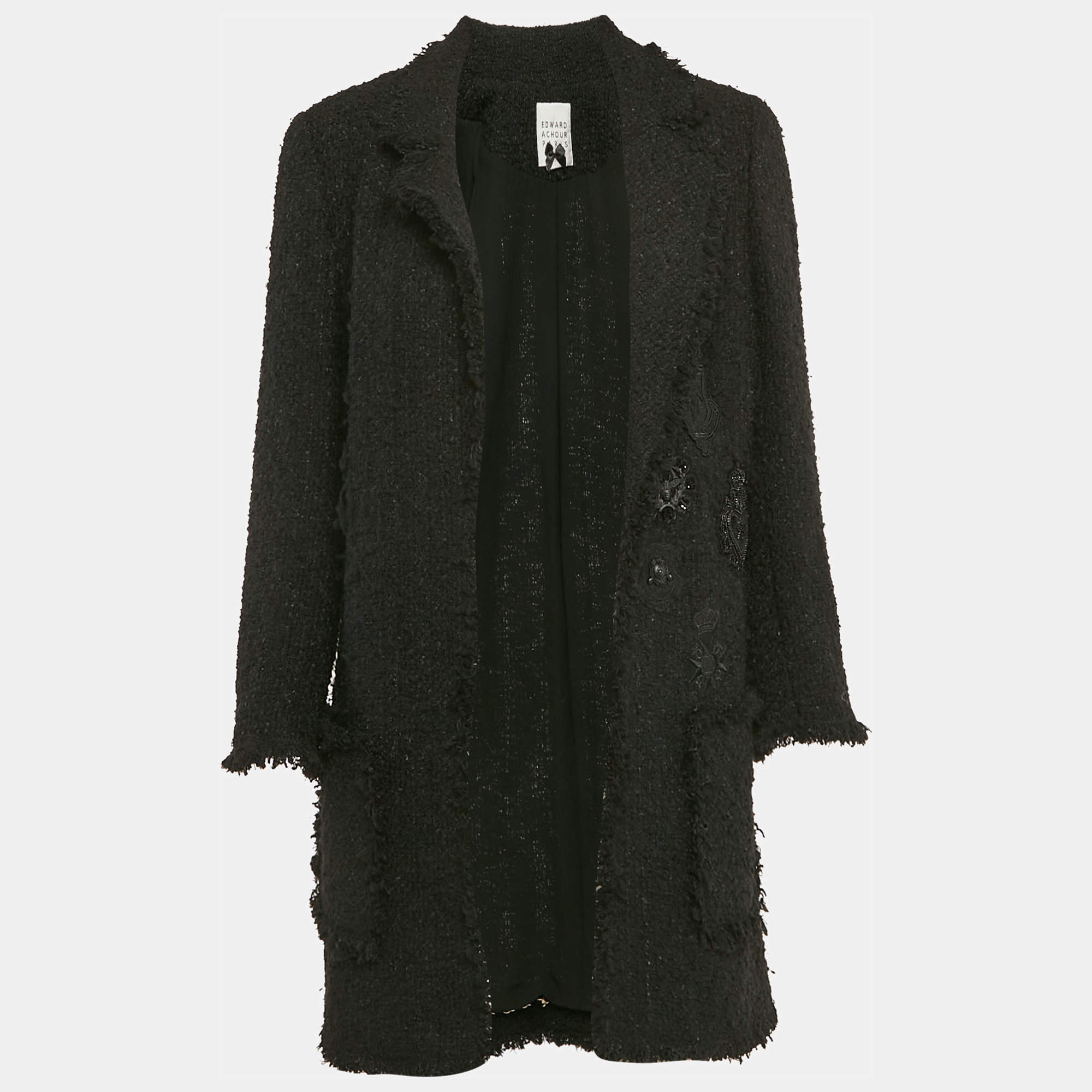 Edward Achour Paris Tweed Applique Detail Open Front Coat M