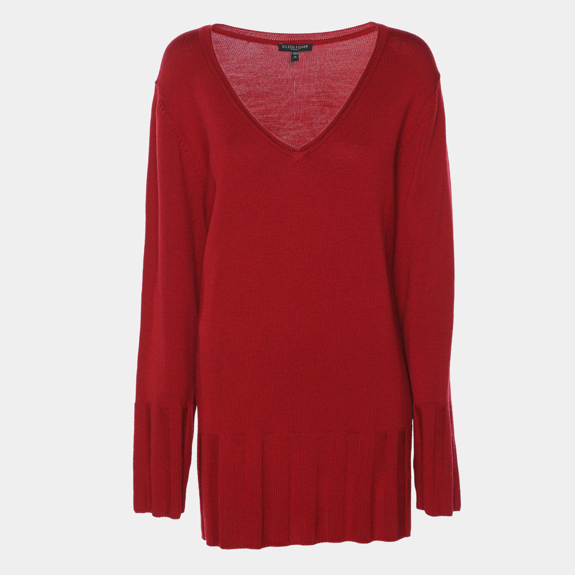 Pre Owned سترة إيلين فيشر حمراء صوف ميرينو تريكو بأكمام كاملة مقاس كبير جدًا جدًا