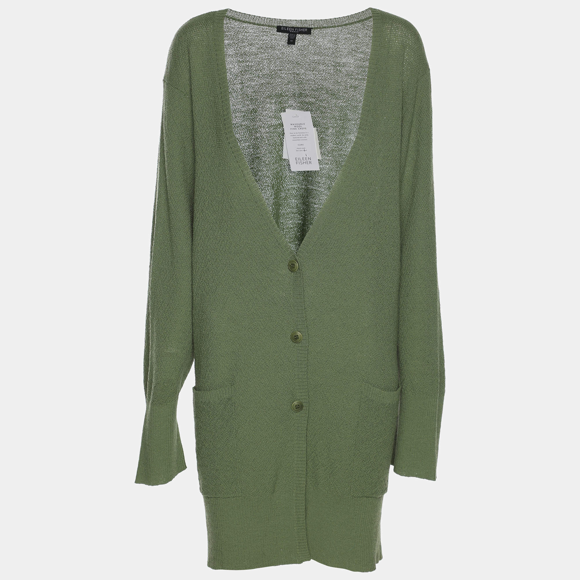 Pre Owned Eileen Fisher Green Knit Wool Cardigan XXL