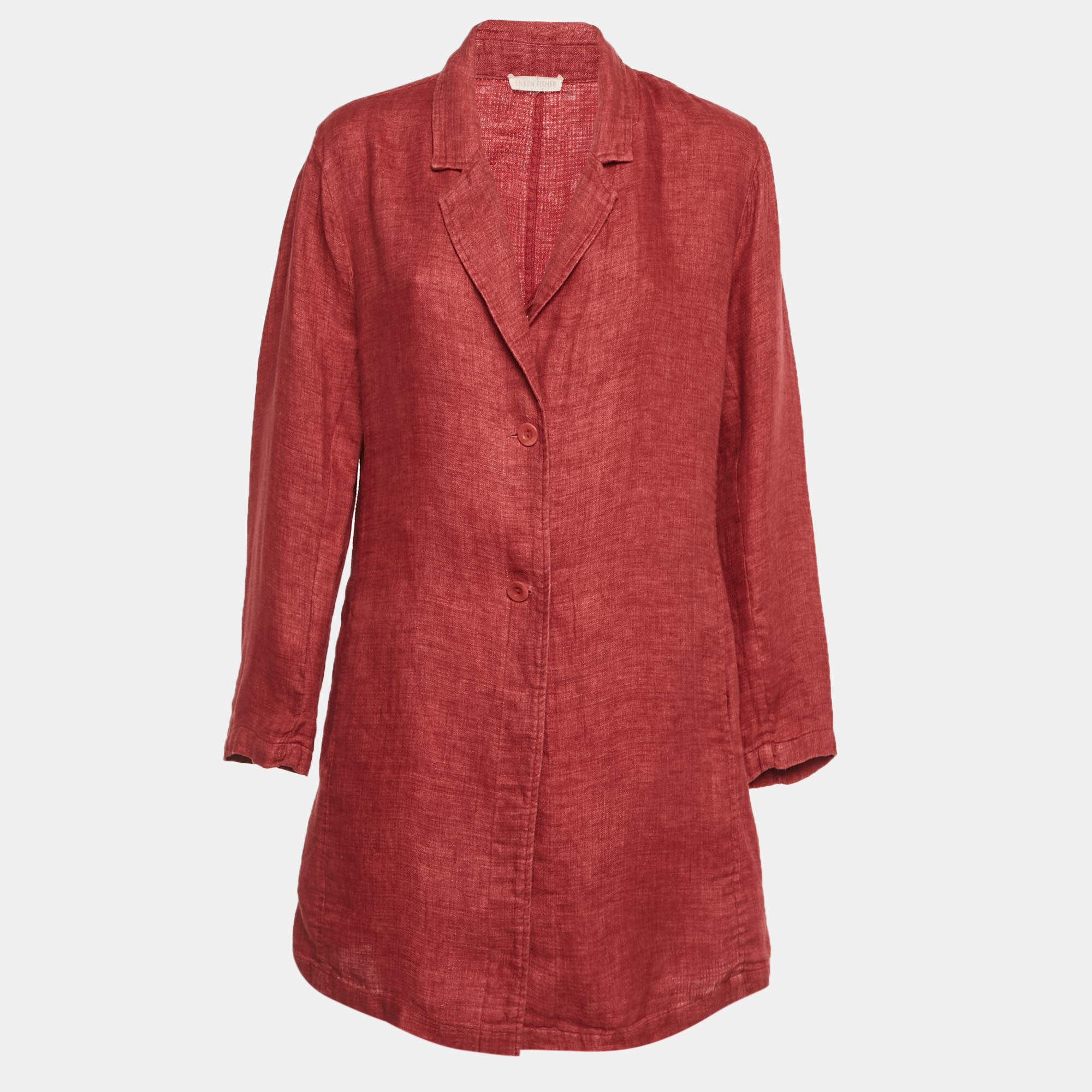Pre Owned Eileen Fisher Red Linen Mid-Length Coat M