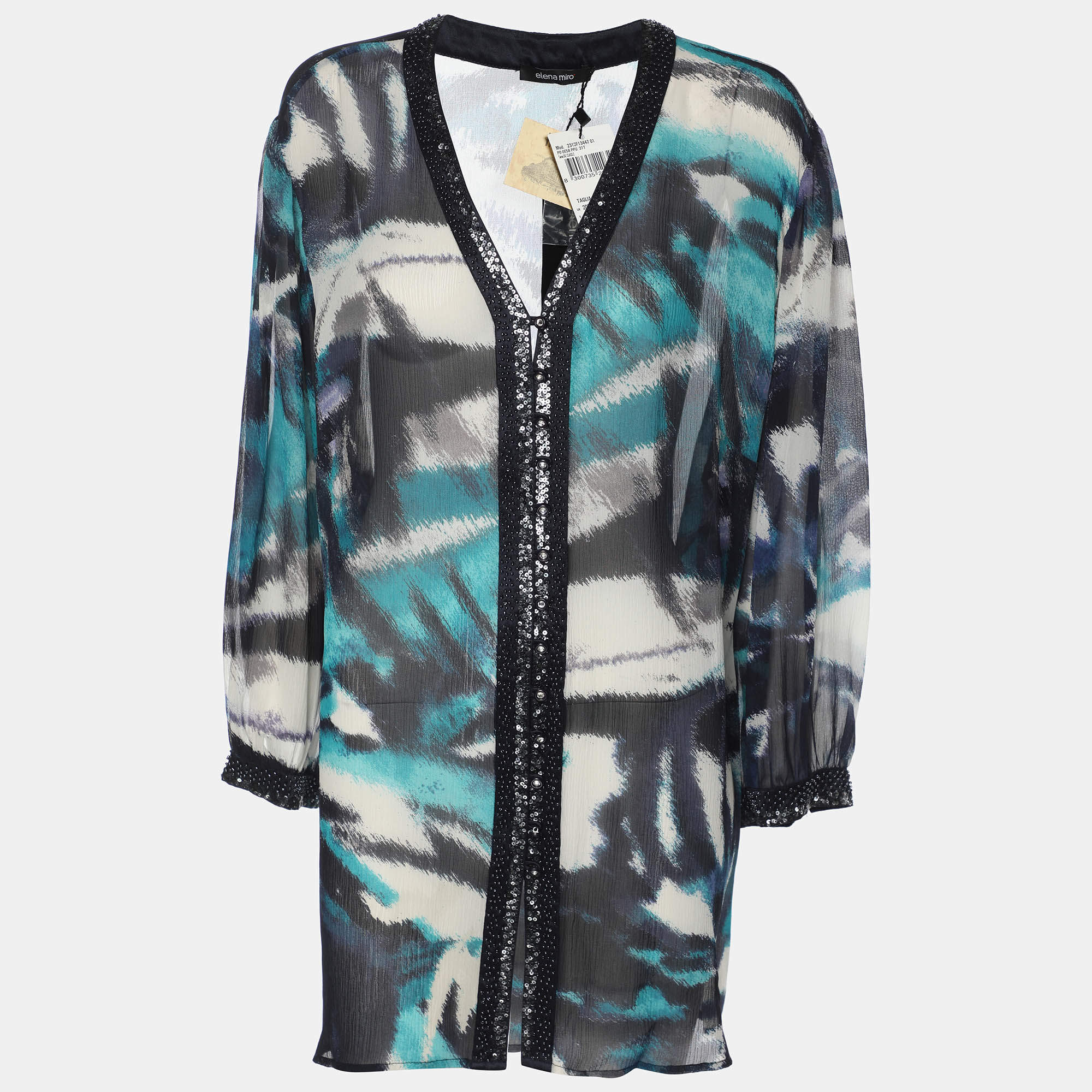 Pre Owned Elena Miro Blue Chiffon Embellished Shirt XXL