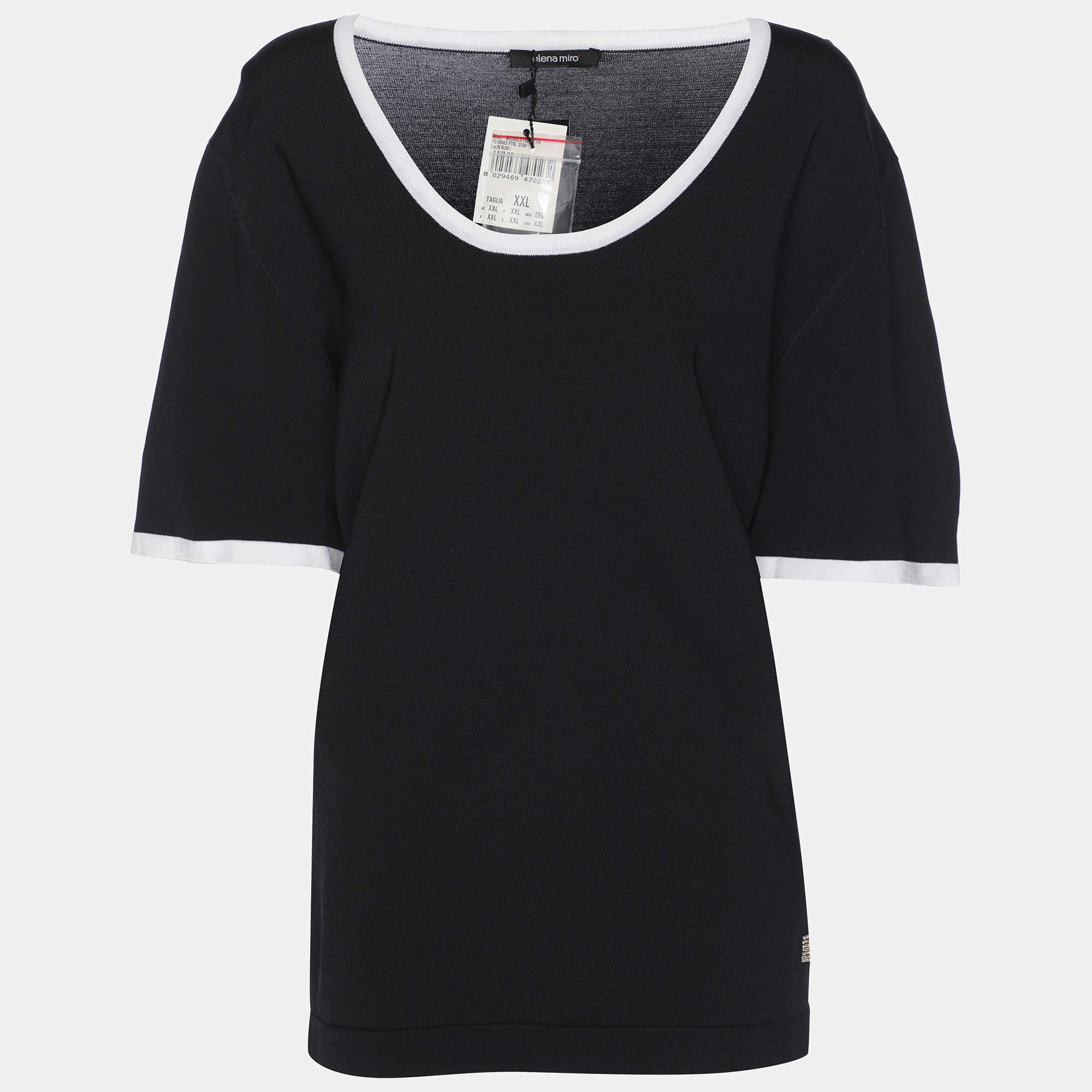 Pre Owned Elena Miro Black/White Stretch Knit Crew Neck T-Shirt XXL