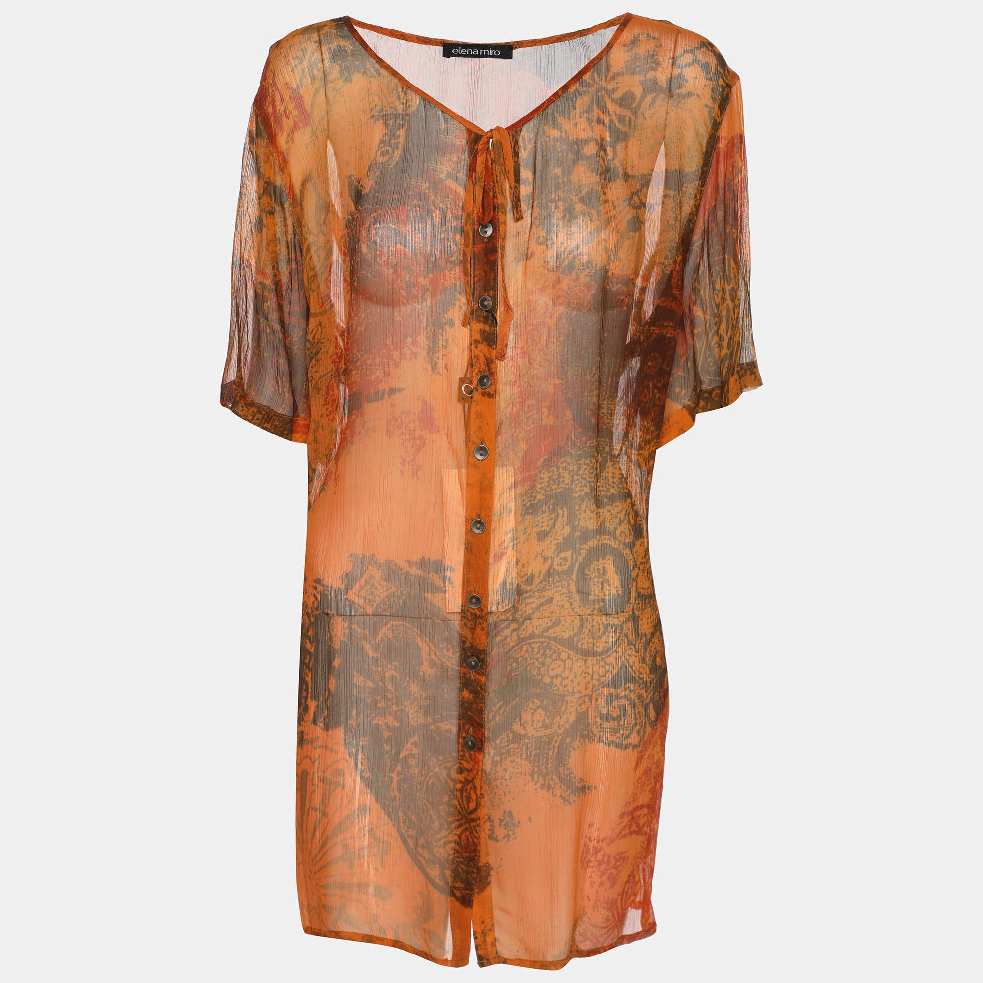 Pre Owned Elena Miro Orange Printed Chiffon Blouse L