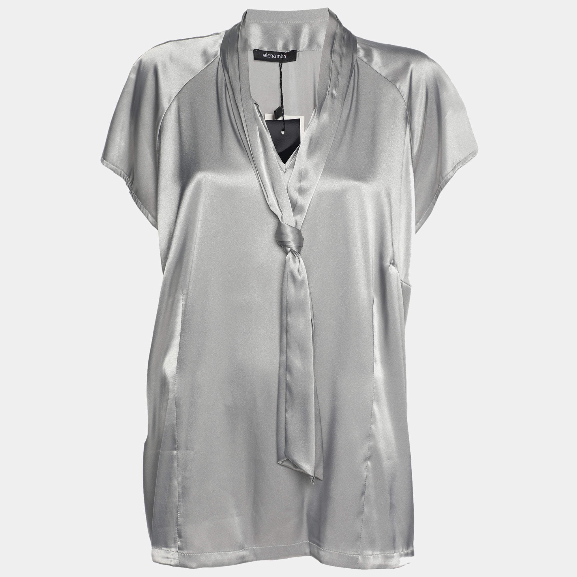 Pre Owned Elena Miro Grey Stretch Satin Neck Tie Tops XXL