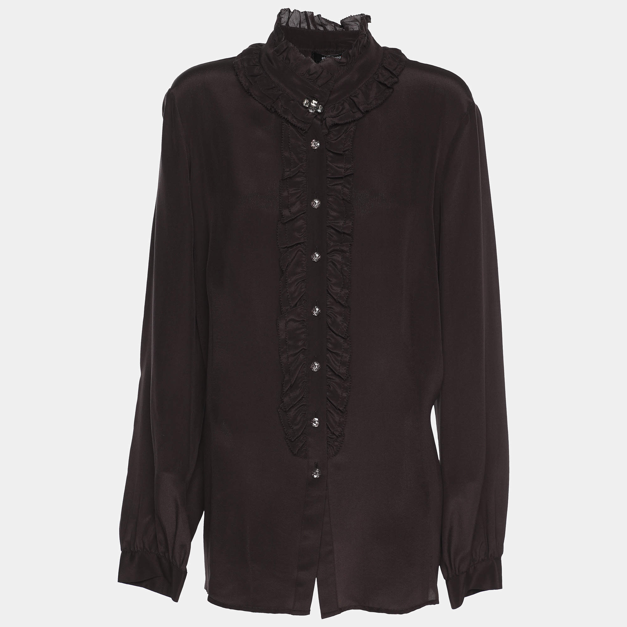 Pre Owned Elena Miro Dark Brown Chiffon Ruffle Front Long Sleeve Shirt L