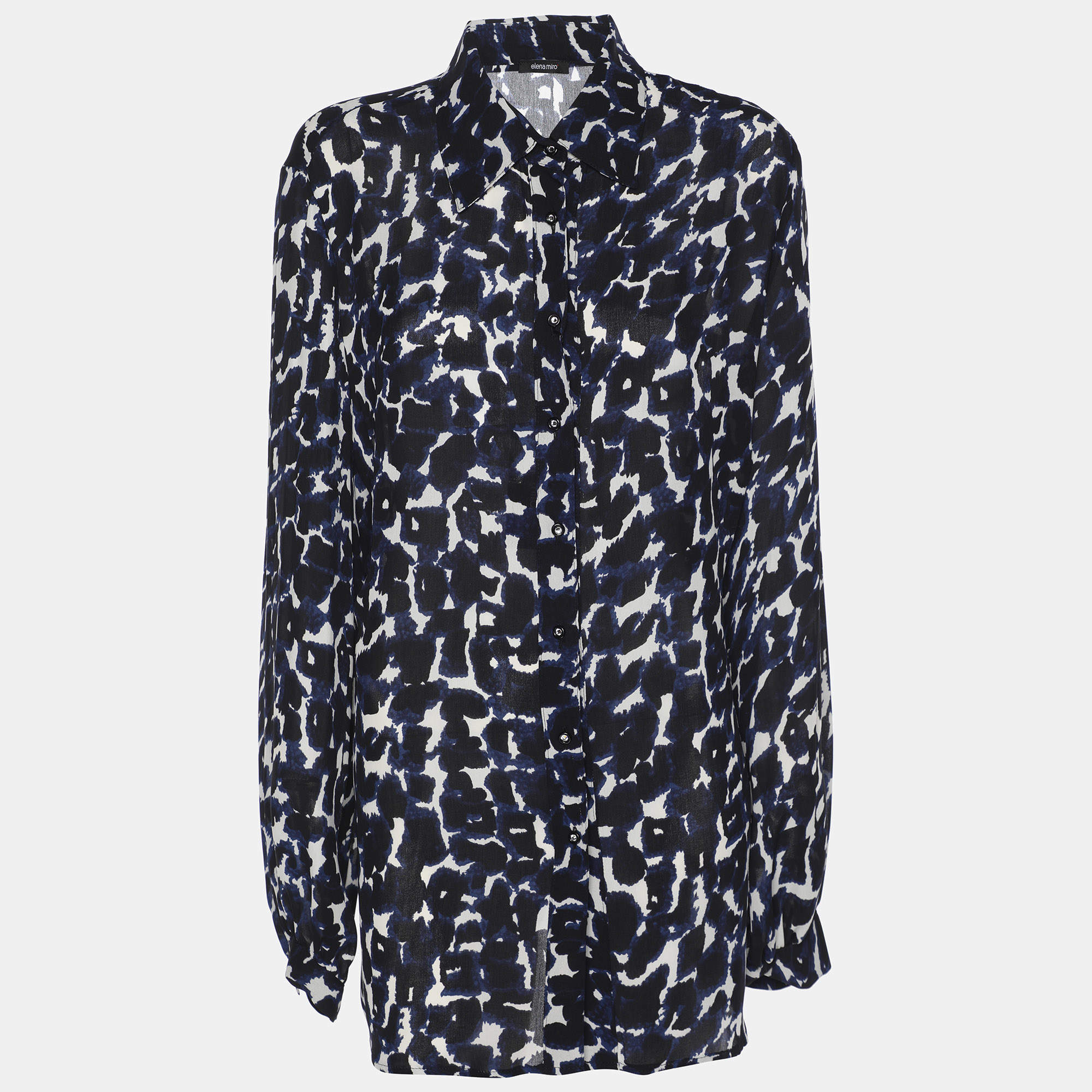 Pre Owned Elena Miro Blue Chiffon Georgette Print Long Sleeve Shirt L