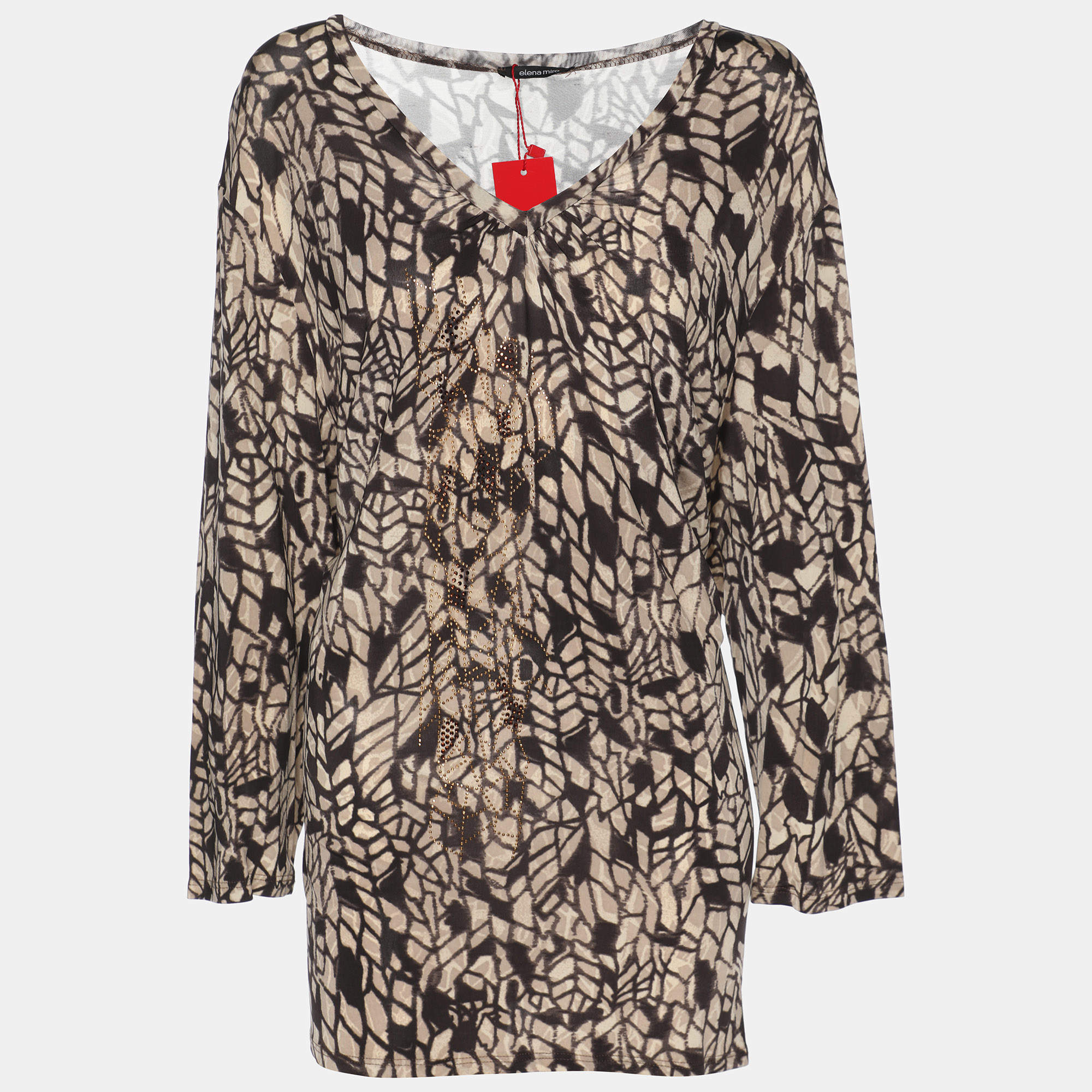 Pre Owned Elena Miro Printed Jersey Embellished V Neck Top XL
