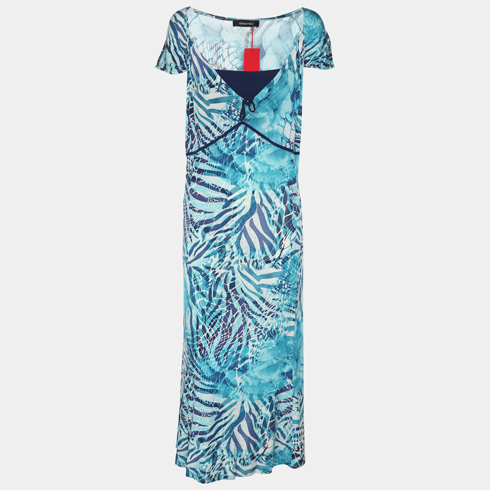 Pre Owned Elena Miro Blue Printed Jersey Sleeveless Midi Dress XL
