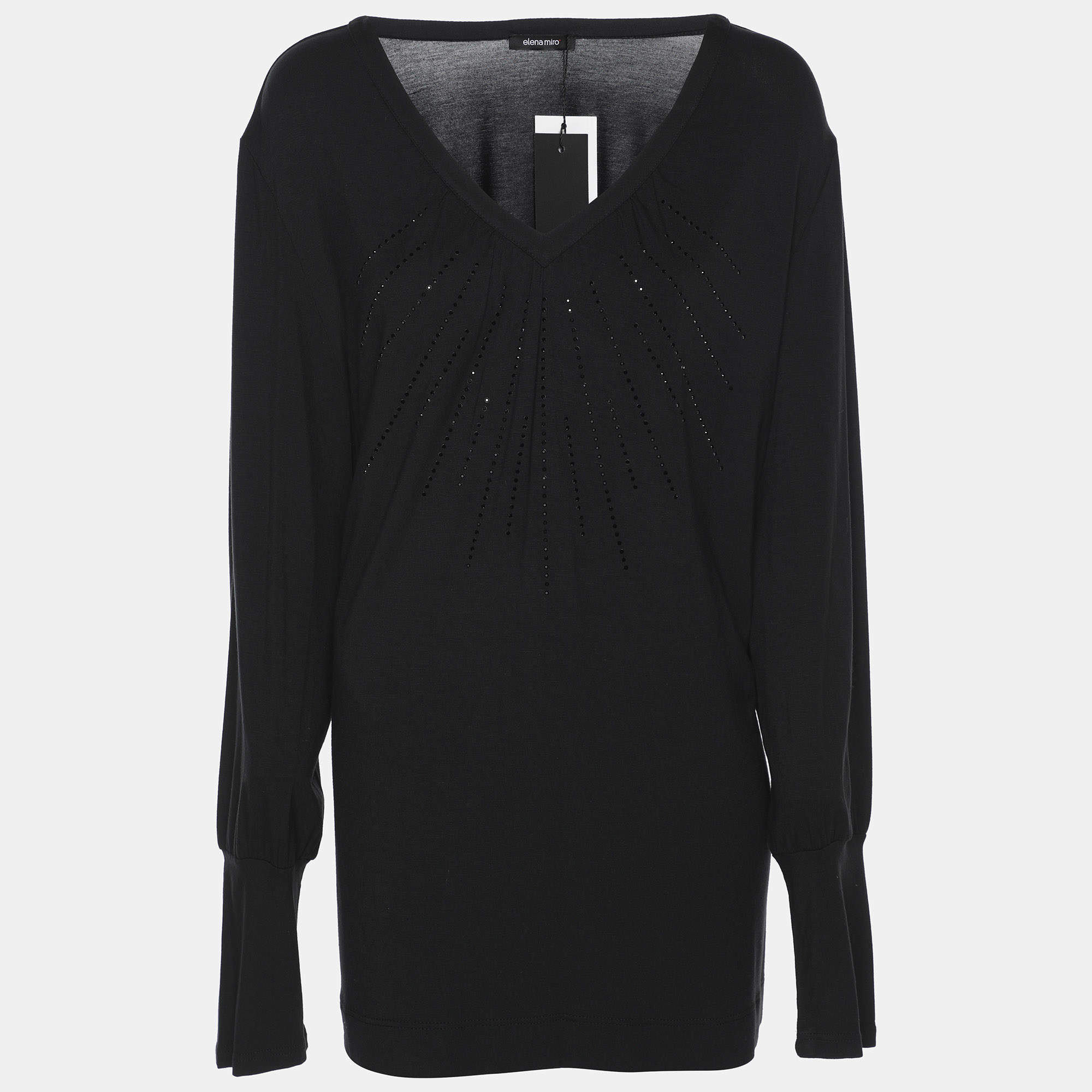 Pre Owned Elena Miro Black Jersey Embellished V Neck Top XXL