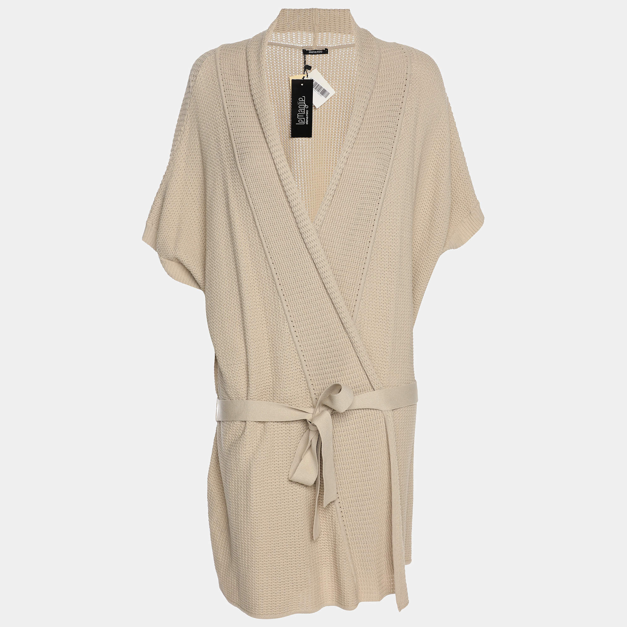 Pre Owned Elena Miro Beige Stretch Knit Belted Long Cardigan L