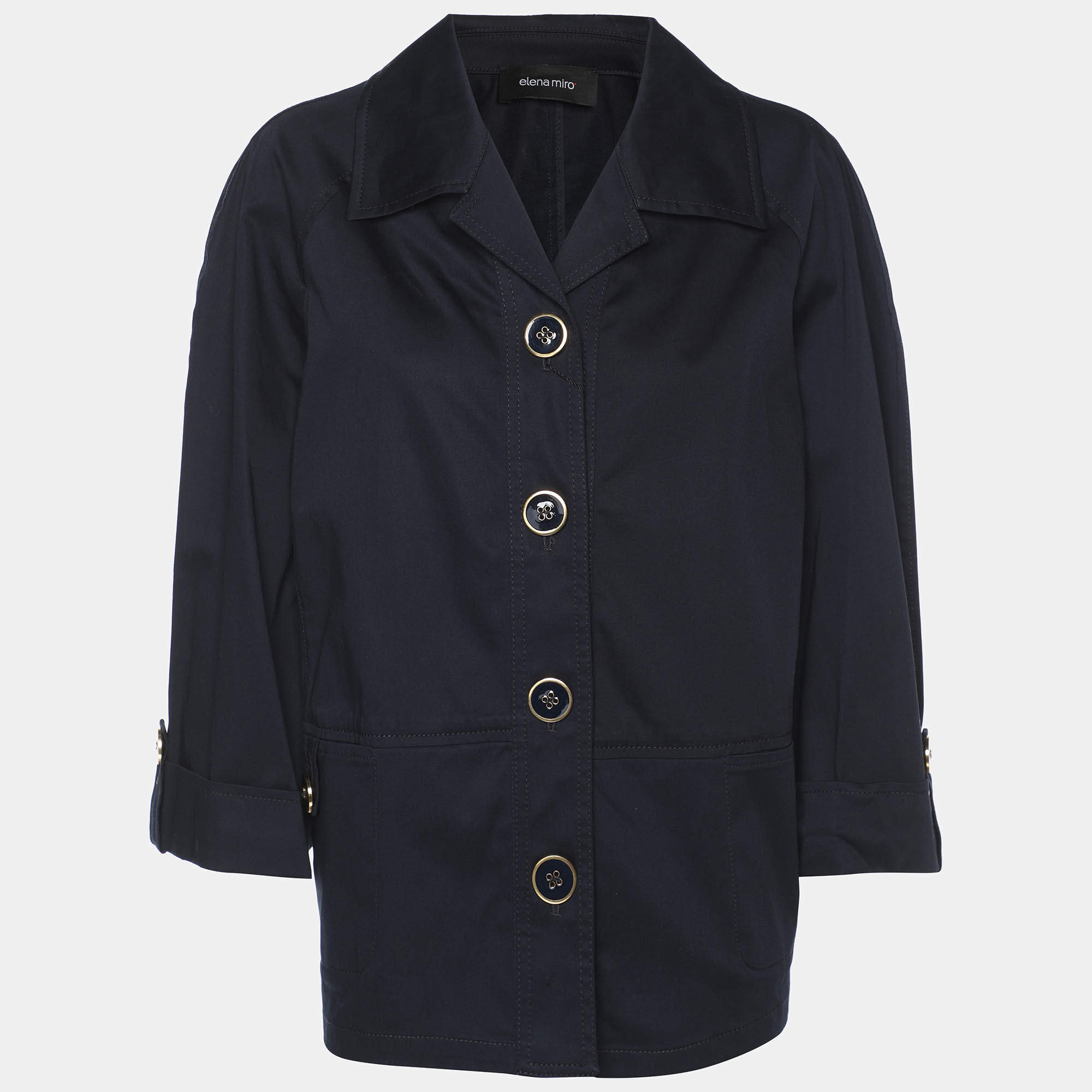 Pre Owned Elena Miro Navy Blue Stretch Cotton Single Breasted Short Coat L