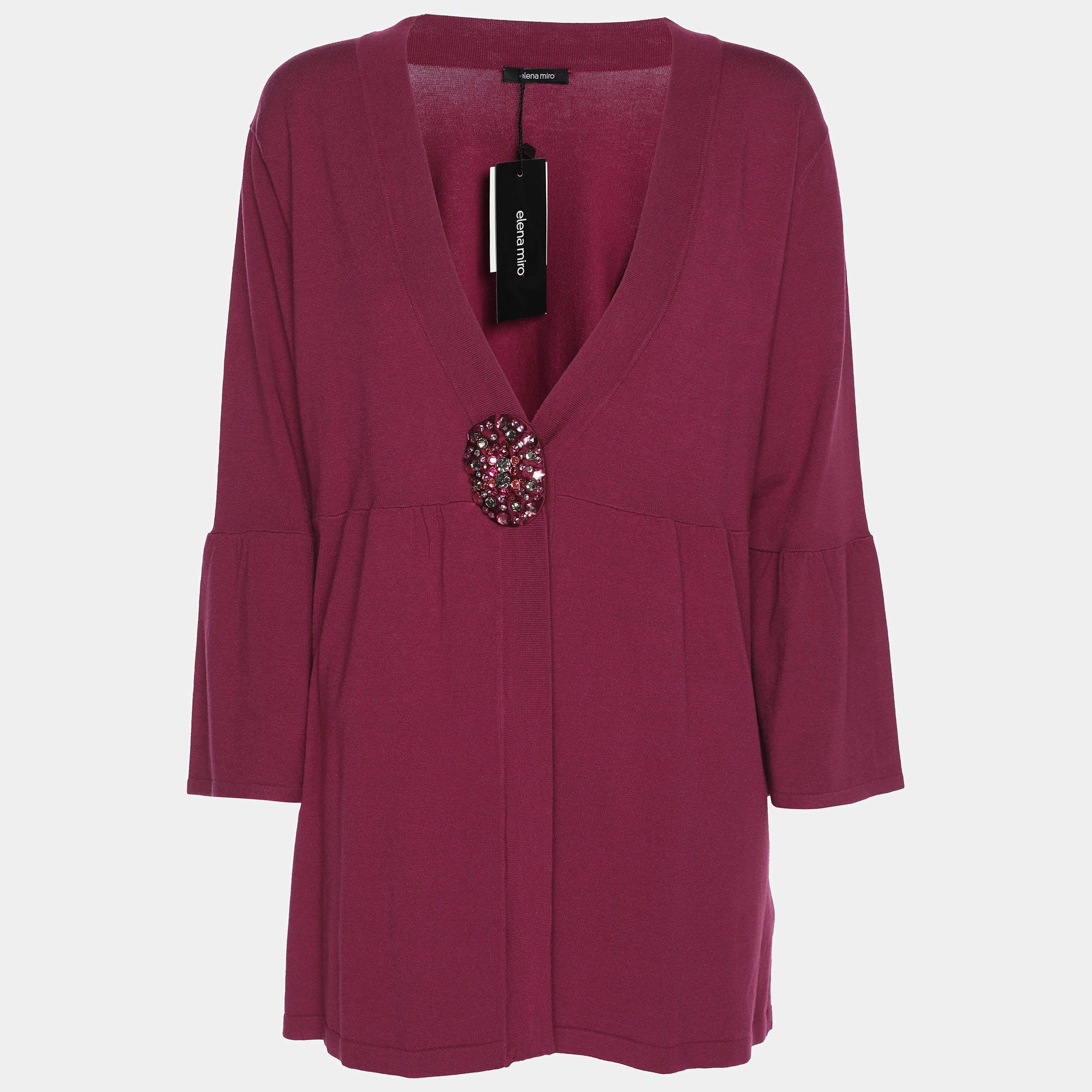 Pre Owned Elena Miro Hot Pink Jersey Crystal Embellished V Neck Blouse L