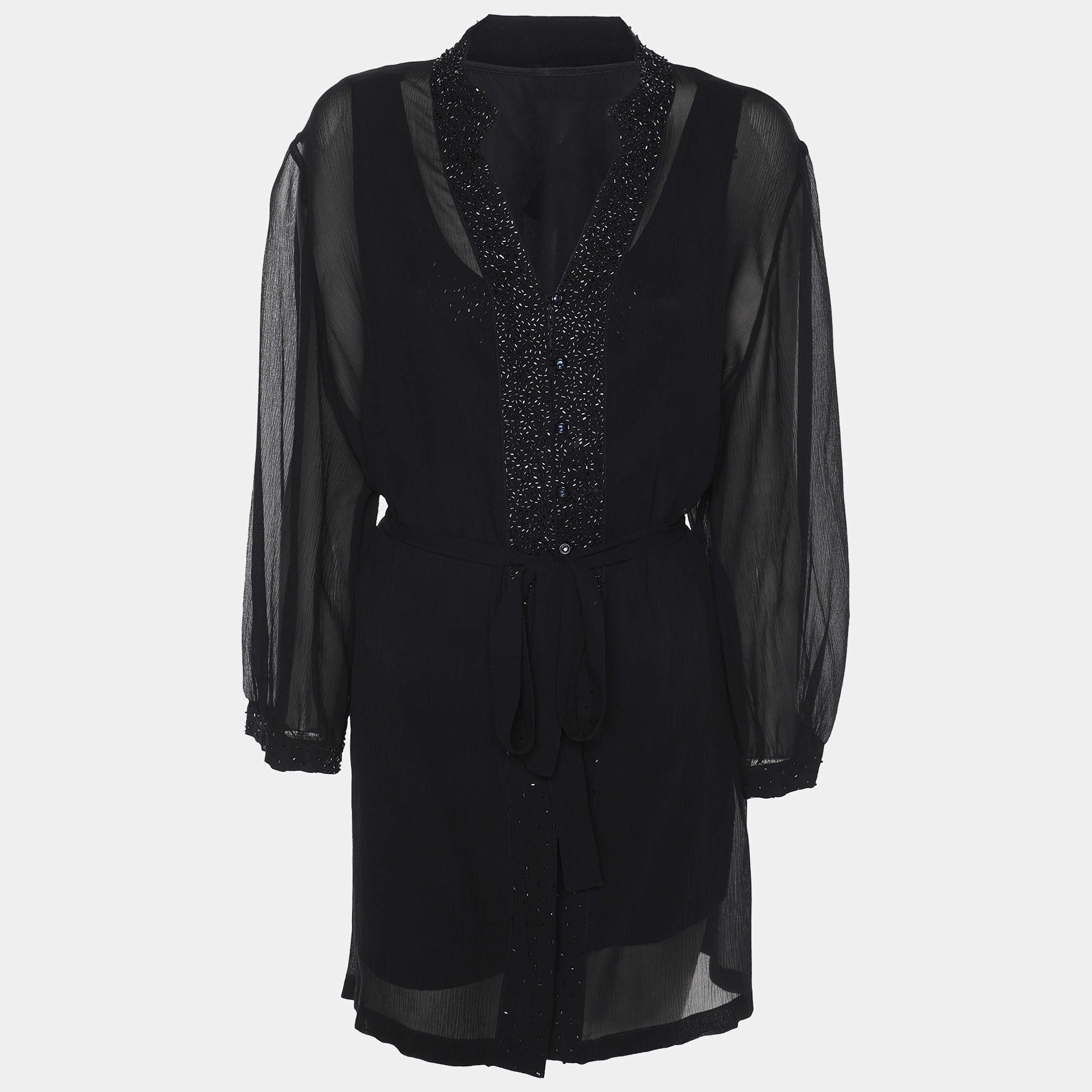 Pre Owned Elena Miro Black Chiffon Embellished Long Sleeve Shirt Set XL