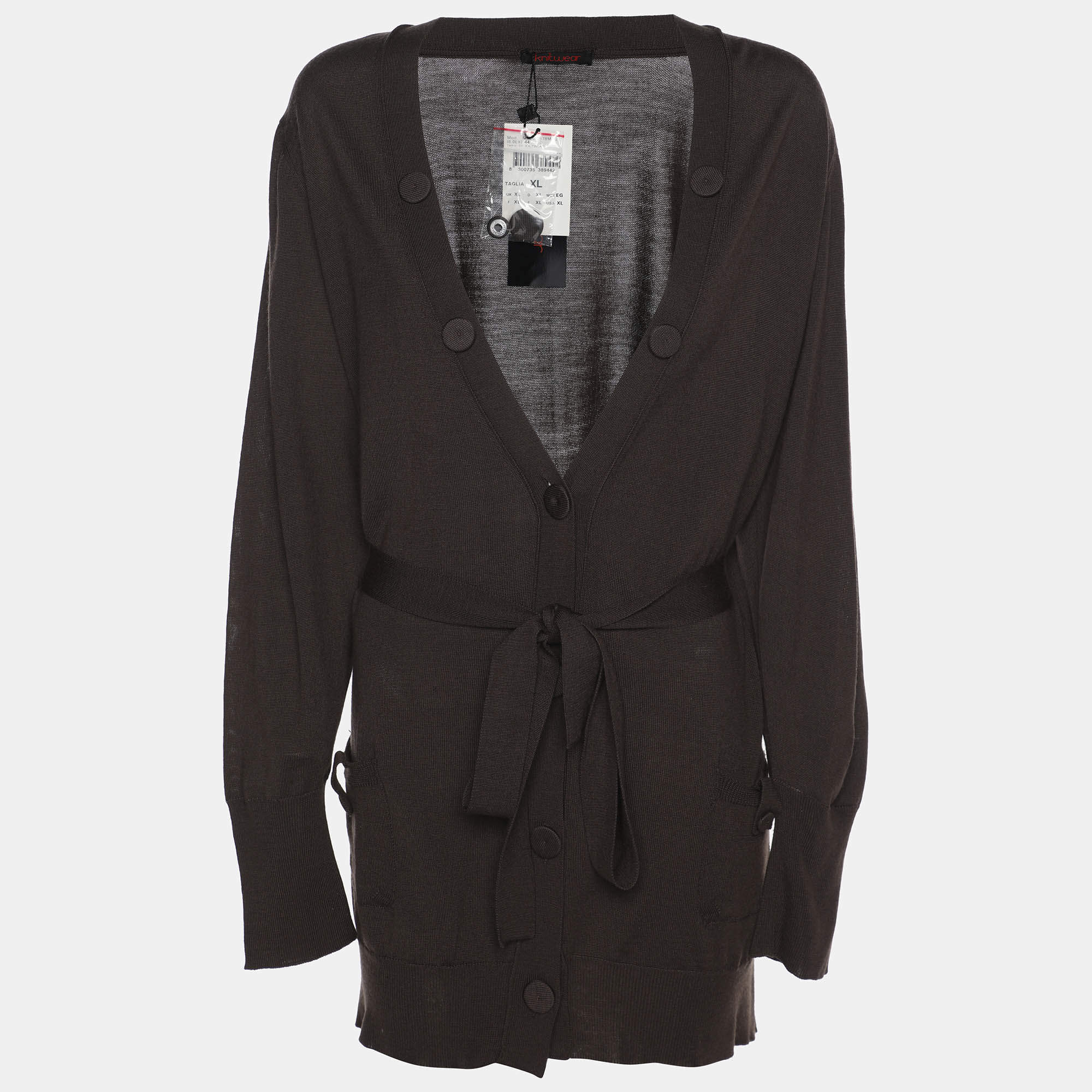 Pre Owned Elena Miro Brown Stretch Knit Belted Cardigan XL