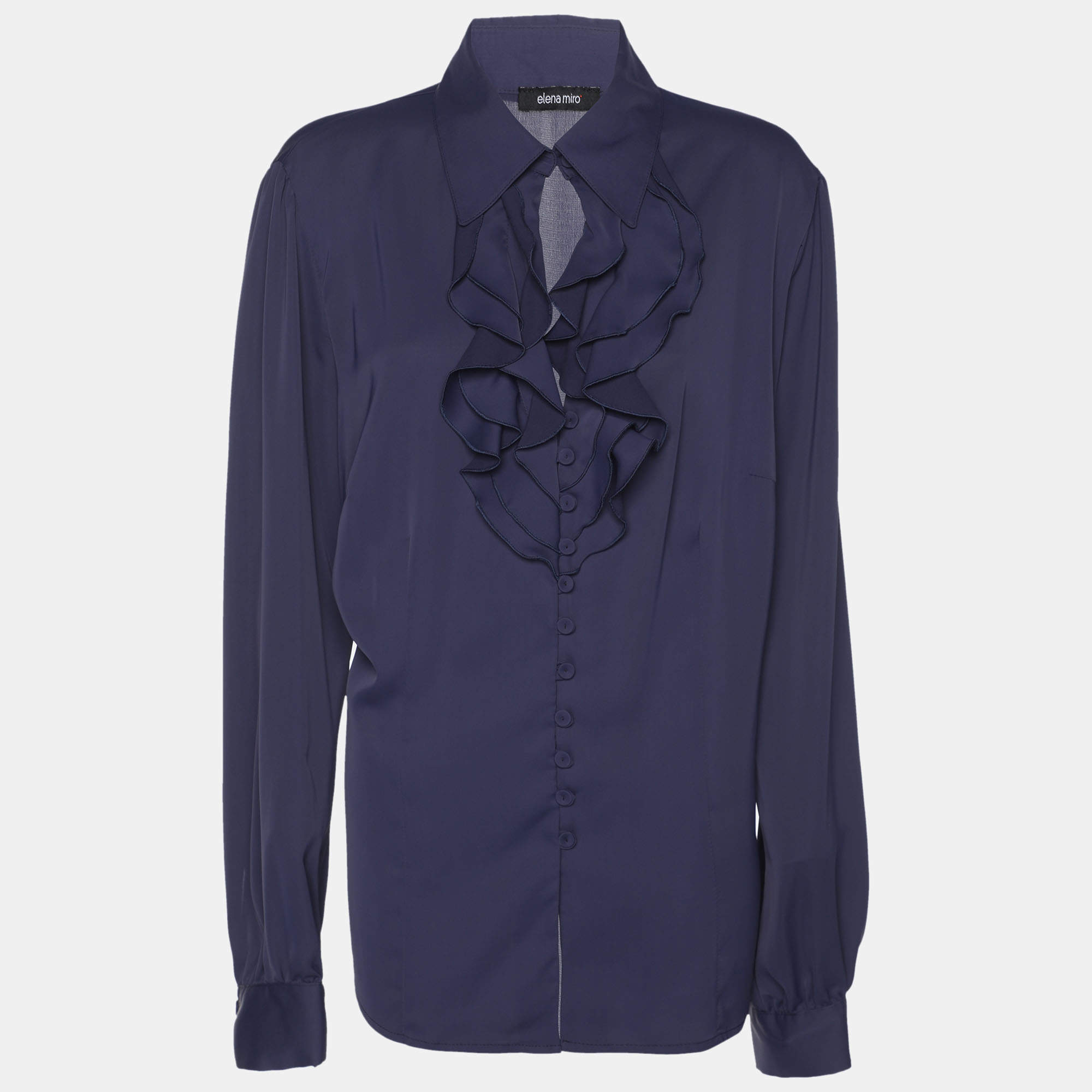 Pre Owned Elena Miro Blue Satin Ruffled Details Top XL