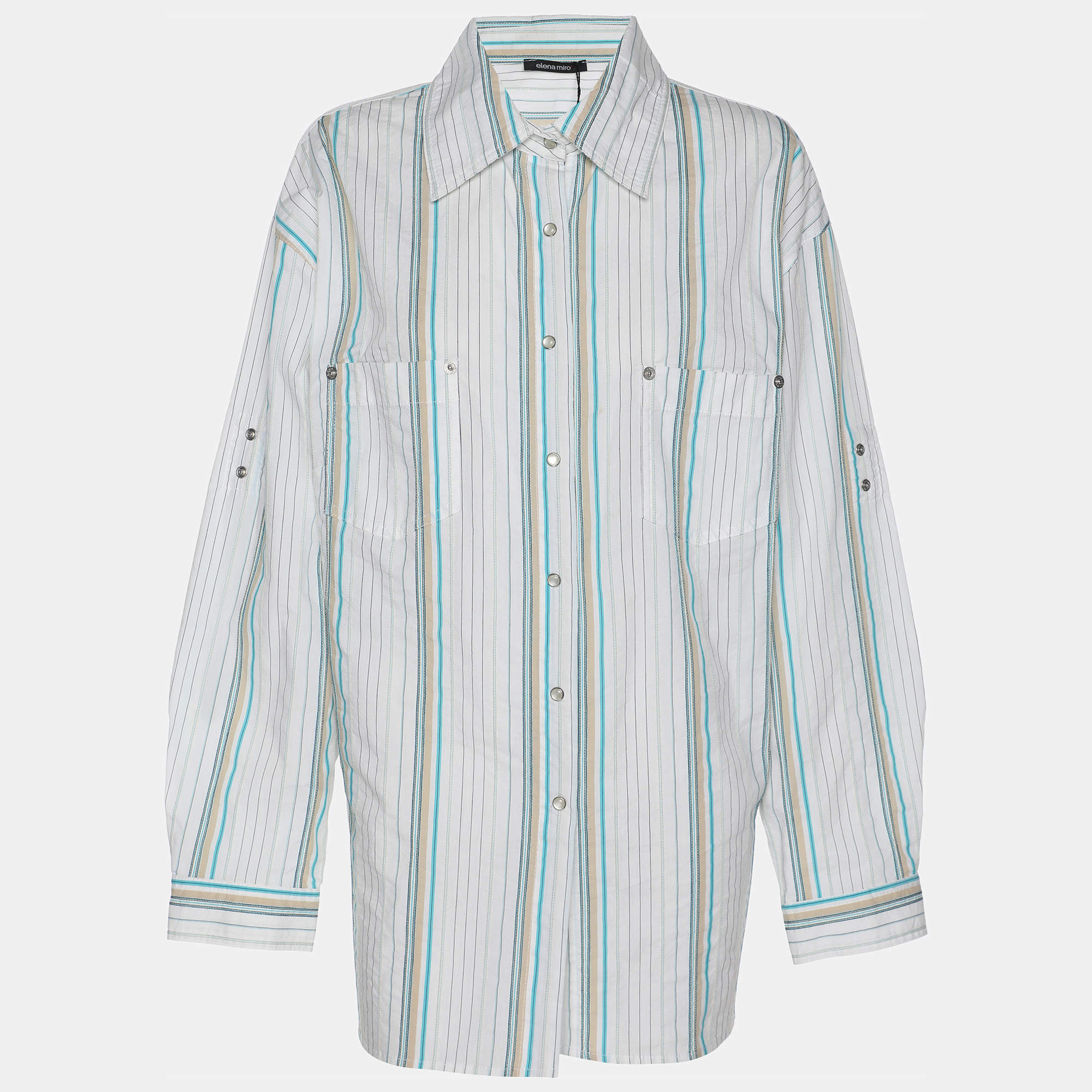 Pre Owned قميص إيلينا ميرو مخطط قطني أبيض بأزرار أمامية مقاس كبير جدًا (اكسترا لارج)