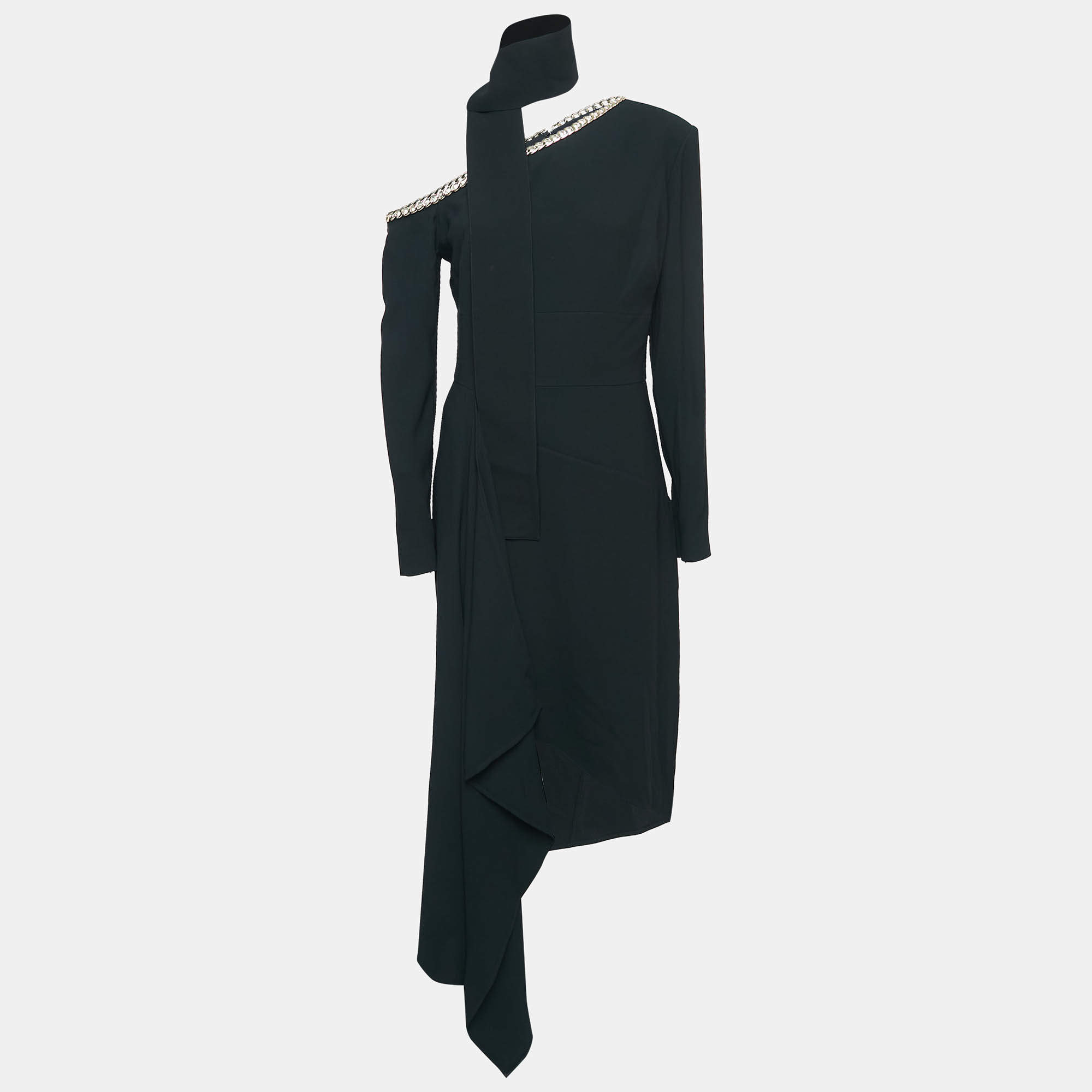 Elie Saab Black Chain Detail Jersey Asymmetric Midi Dress With Scarf M