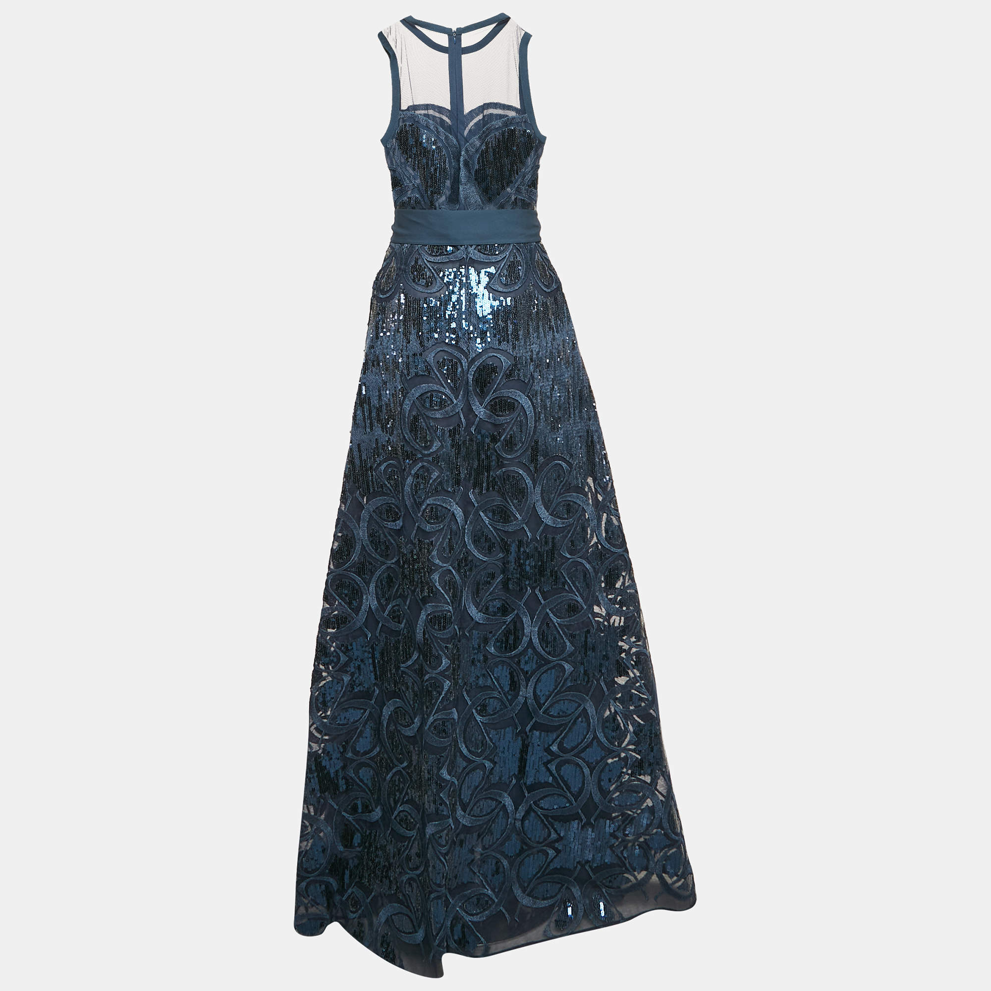 Elie Saab Orion Blue Sequin Embroidered Tulle Sleeveless Gown S