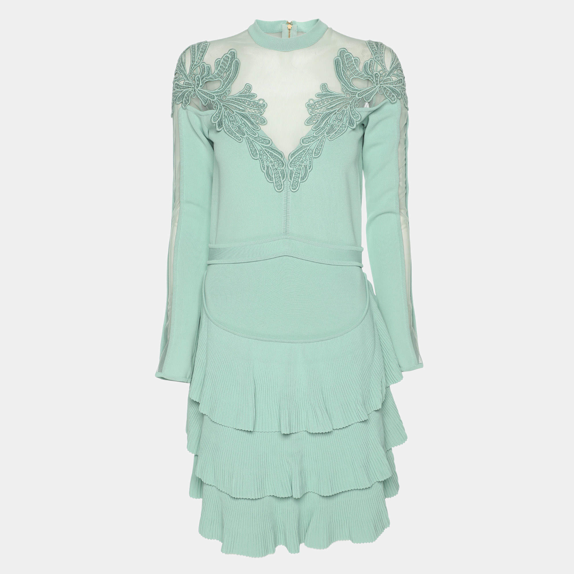 Elie Saab Mint Green Tulle Paneled Stretch Knit Appliquéd Mini Dress S