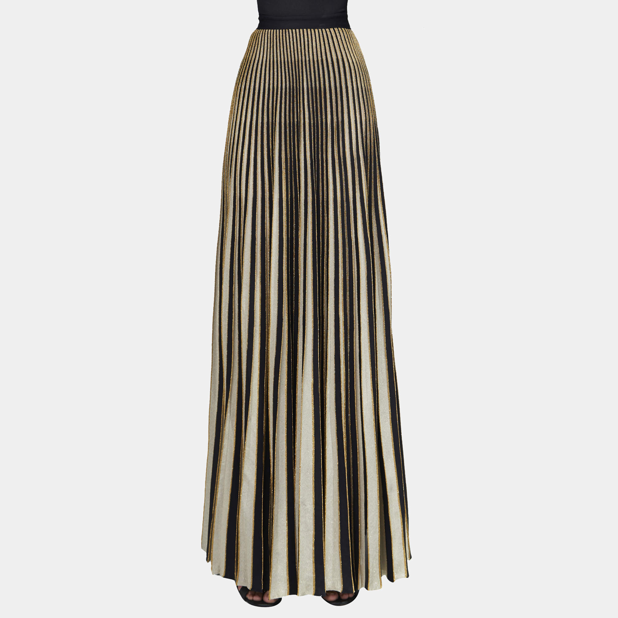 Elie Saab Black & Gold Pleated Knit Long Skirt M