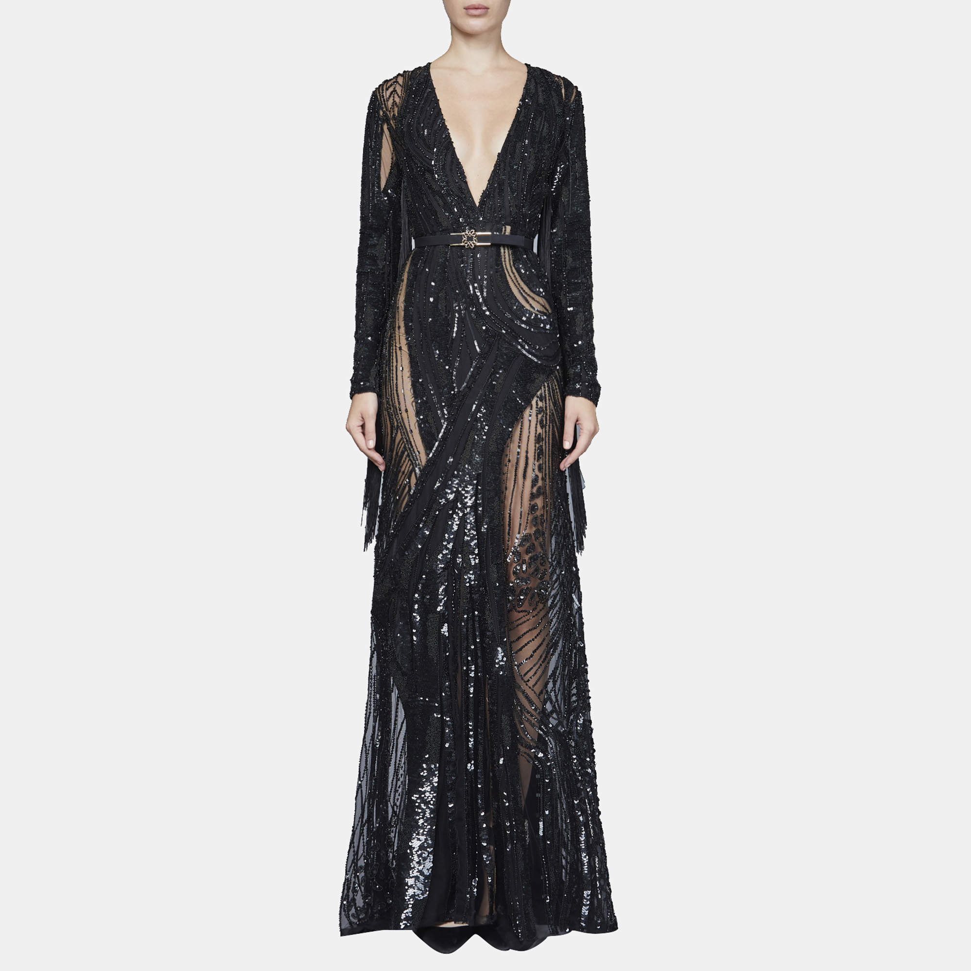 Elie Saab Dark Waves Embellished Fringe Details Long Sleeve Gown M