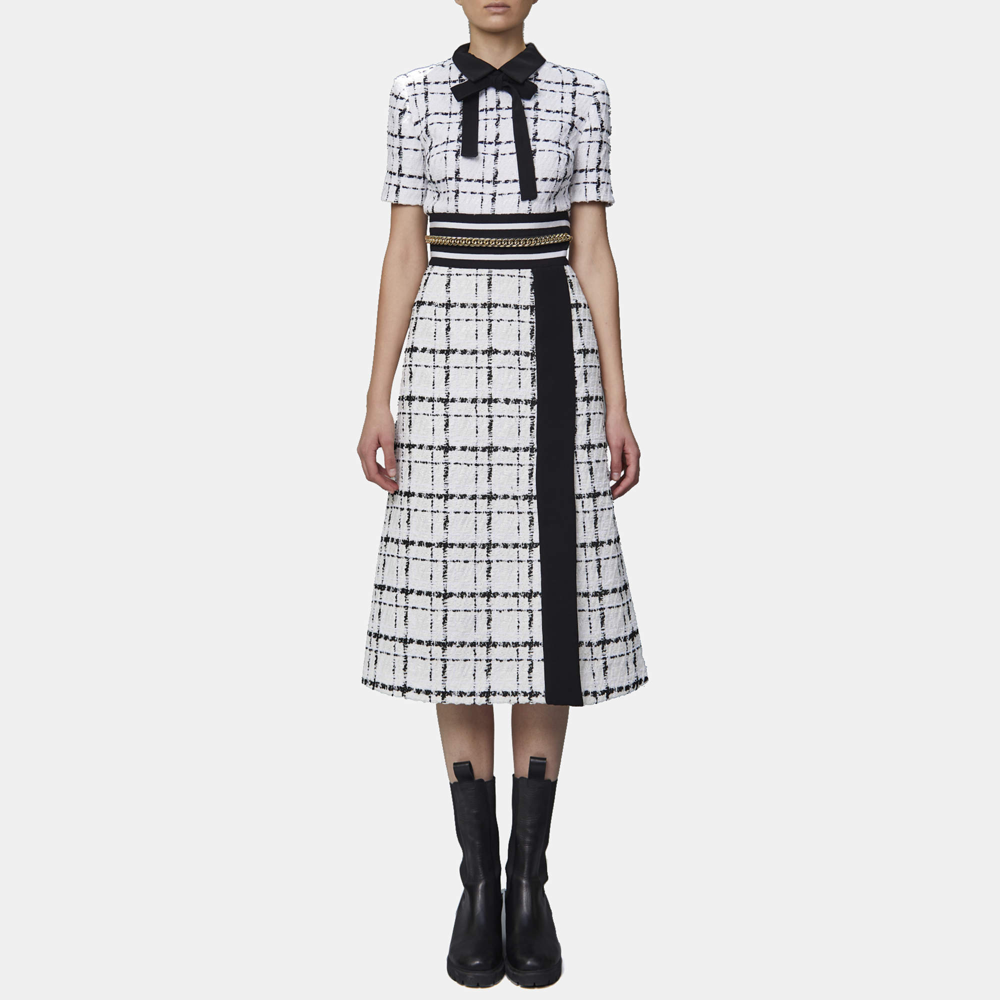 Pre Owned Elie Saab White & Black Tweed Bow Tie Neck Midi Dress S